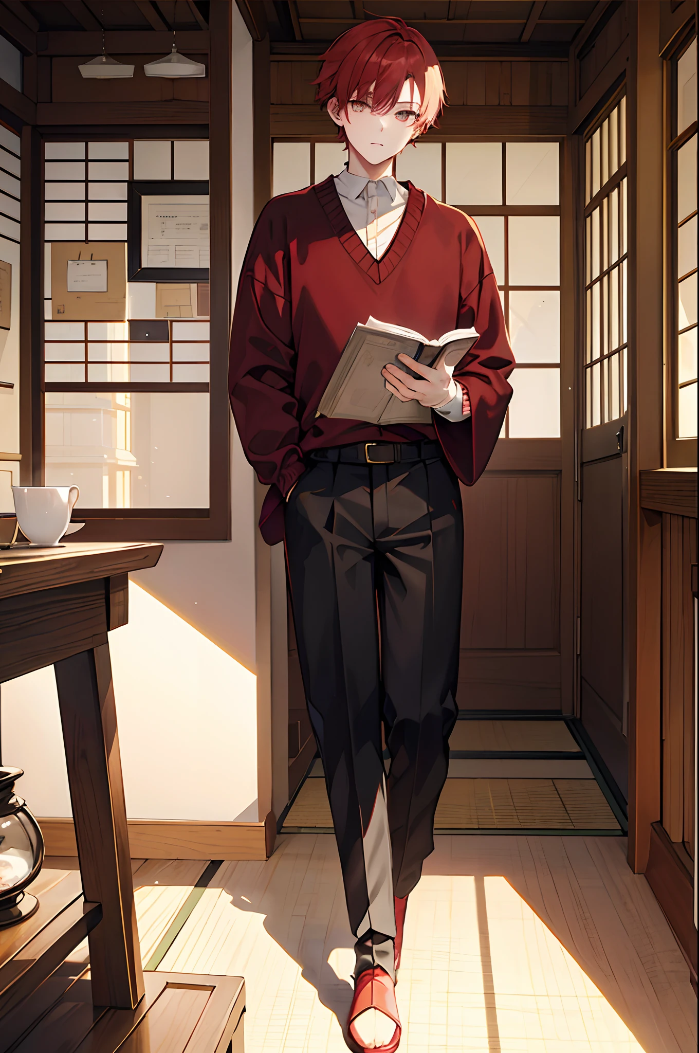 male people Red shorthair yellow eyes Sweaters Brown Slacks long boots Japanese houses Sitting in the room、Reading a book masterpiece Top image quality Clear Parts Cinematic Shadows Increased attractiveness of the eyes Clear the shine of the eyes Draw eyelashes neatly Perfect Eye A detailed eye Sharpen image quality Sharpen eye writing Clear eye shape
