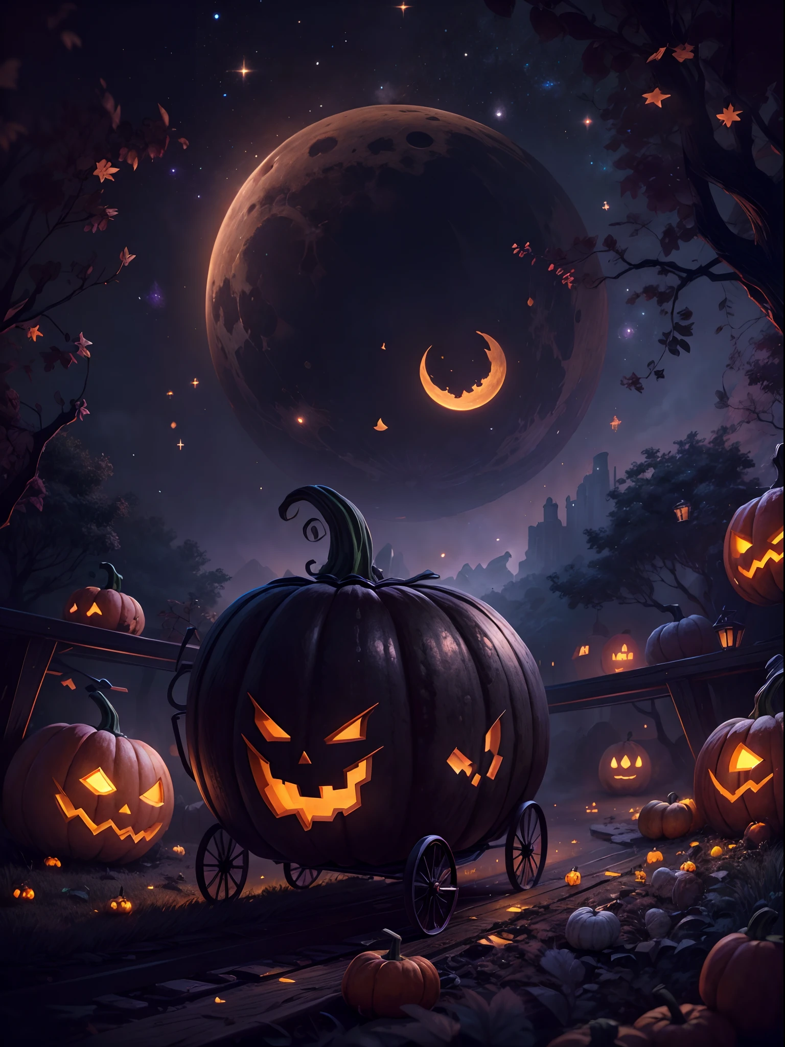 (tmasterpiece),（ultra - detailed：1.3），best qualtiy，（glittery:1.2），（Halloween Dream World:1.4），（The moon is empty），halloween night，((Pumpkin cart、Pumpkin carriage in a sci-fi world、A spaceship in the shape of a pumpkin carriage、A pumpkin carriage moving through space、cosmic space、Warp navigation)), Finely crafted décor，glowing from within, Swirling mist，Wonder, Dark fairytale charm, Magic car, In stark contrast to the typical secular reality, The mysterious aura of ghosts，red - eyed，Meniscus，Red Moon，borgar，pumpkins，the bats，Dark black cloak, Dark black wizard hat, Beautiful background, Light particles, Moon light, Dramatic lighting, Cinematic lighting, darkly，Dark tones，Gloomy，The colors are dim，Dark tones，1.4x realism，hyper HD，It is displayed in this beautiful scene，（The is very detailed，reasonable design，Clear lines，High- sharpness，tmasterpiece，offcial art，movie light effect，8K）, meccog cog