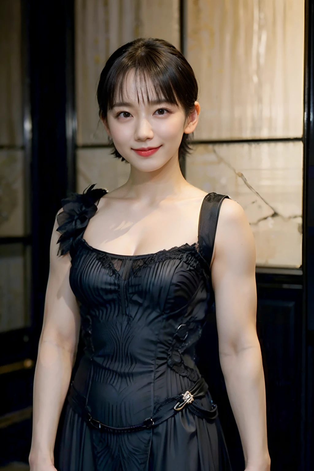 76
(20-year-old princess,is standing), (A hyper-realistic), (masutepiece), ((short-hair:1.46)), (Smooth black hair), (Breast:1.0), (kindly smile:0.9), (Luxurious dresses:1.46), Majestic Palace, Orange Lipstick