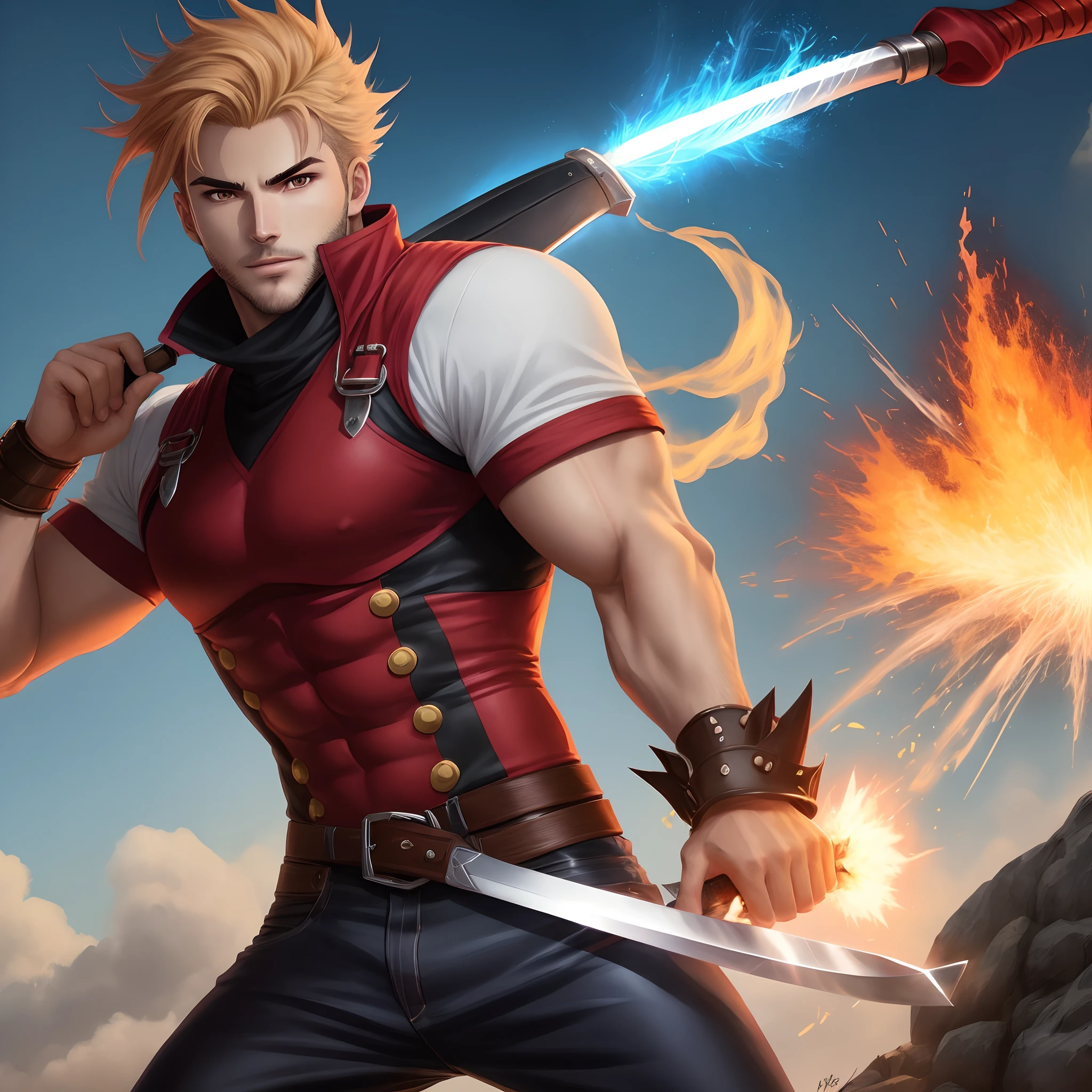 Personagem masculino de anime espadachin usando espada e com fogo ao redor