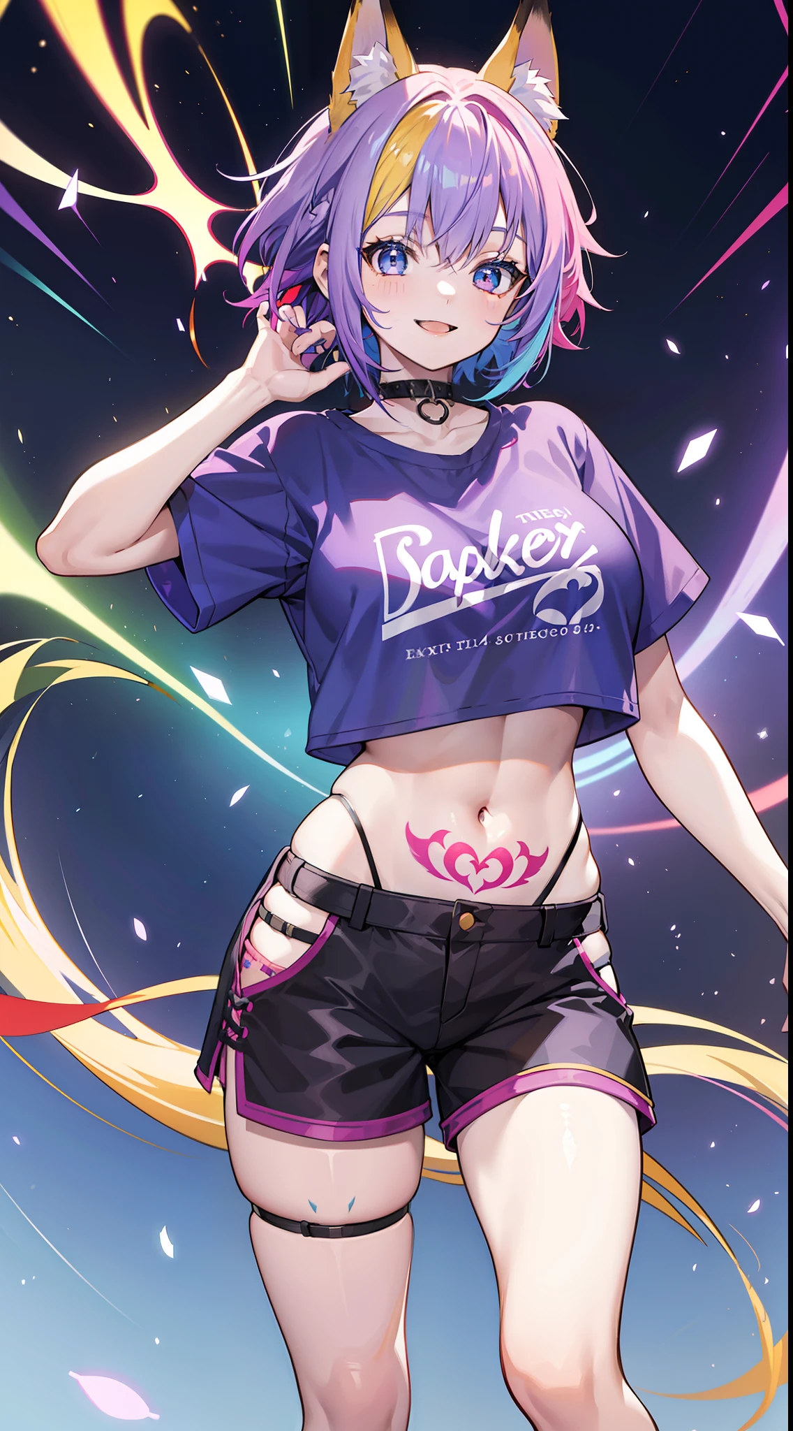 young girl, multi-colored hair, Short purple hair with yellow tips, Fox ears, blue eyes, Smile, open belly, Purple T-shirt, Huge-breasts, red tattoos, Shorts, Masterpiece, hiquality, 4k, HD, Good detail