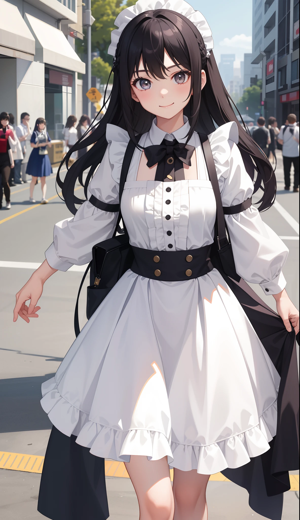 1girl in、AS-Adult、A smile、The shirt、skirt by the、(small tits)、doress、pinafore、Hair decoration、(Maid costume)、Walking with a thigh、Upper body portrait、movement、
