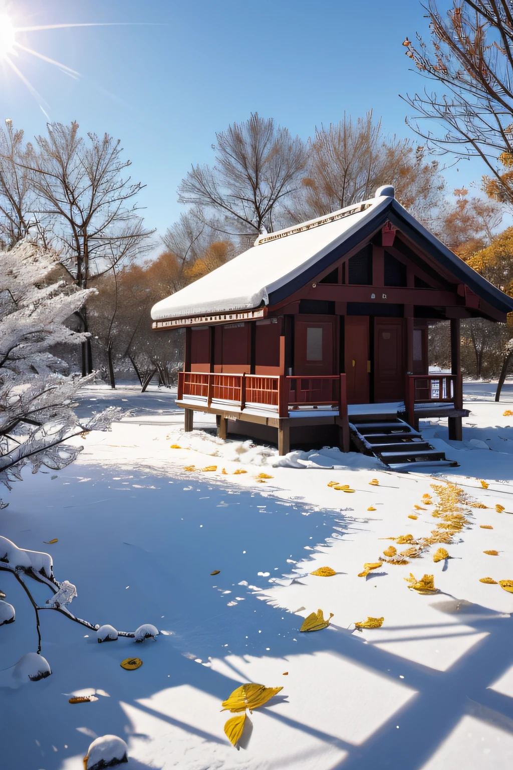 Light snow solar term，NOhumans，Beautiful sunny snowy scene，Calm and peaceful，There are birds returning to their nests，The leaves fall off，Only a few yellow leaves remain