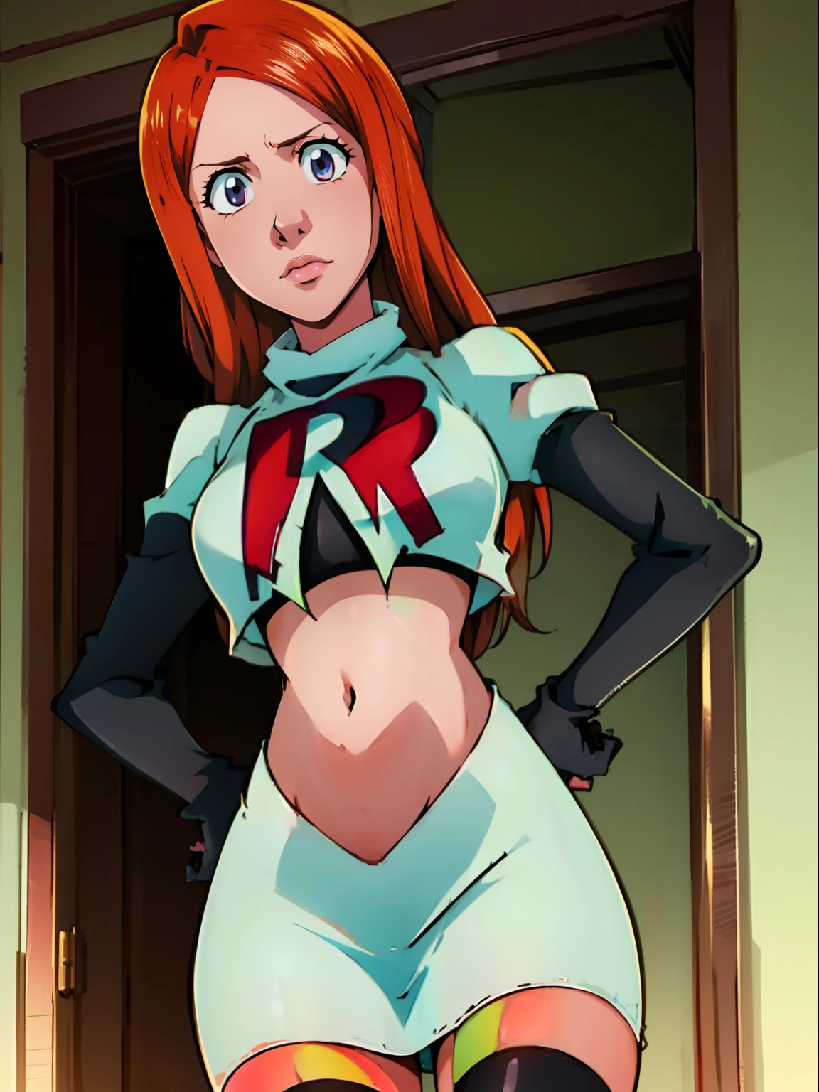 orihime,team rocket,team rocket uniform, red letter R, white skirt,white crop top,black thigh-highs,black elbow gloves, looking down on you , hands on hips