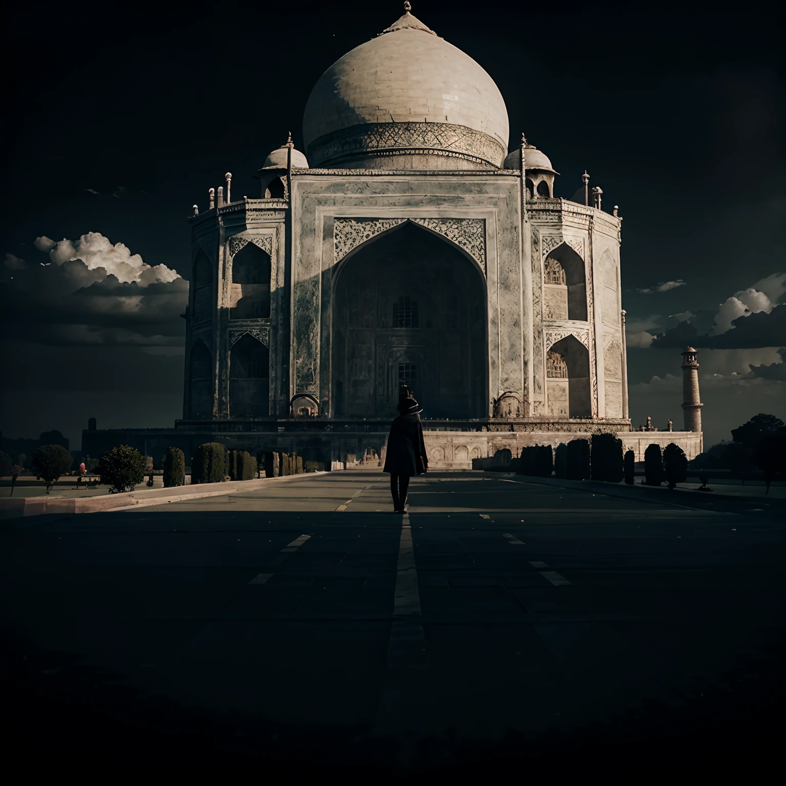 Taj Mahal in the black aesthetic background, caption America is standing beside it , blacky clouds ,8k ultra realistic picture