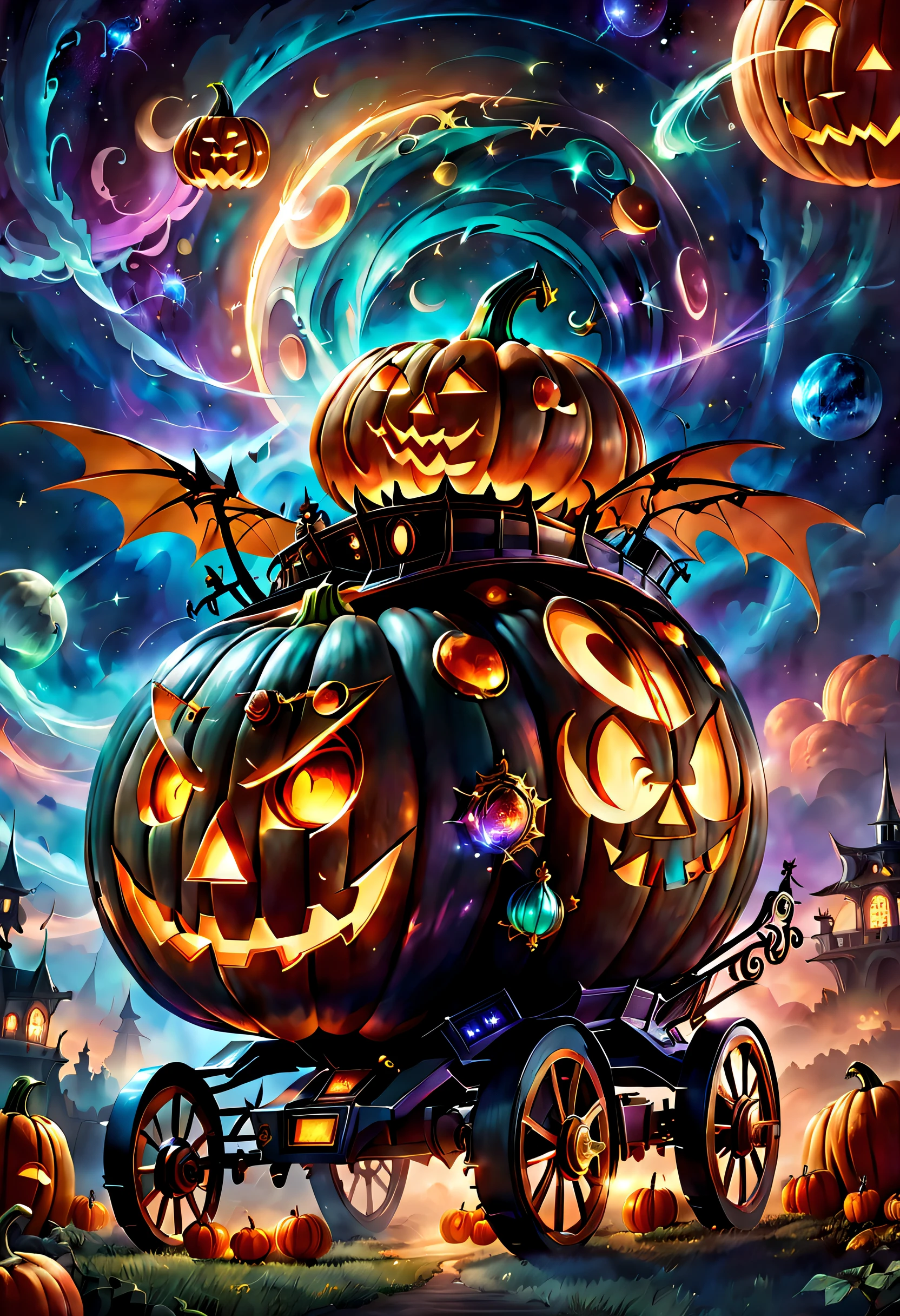 (tmasterpiece),（ultra - detailed：1.3），best qualtiy，（glittery:1.2），（Halloween Dream World:1.4），（The moon is empty），halloween night，(((A pumpkin cart made from a Gundam mecha、A mechanical pumpkin carriage in a sci-fi world、A spaceship in the shape of a pumpkin carriage、A pumpkin carriage moving through space、cosmic space、Warp navigation))), Finely crafted décor，glowing from within, Swirling mist，Wonder, Dark fairytale charm, Magic car, In stark contrast to the typical secular reality, The mysterious aura of ghosts，red - eyed，Meniscus，Red Moon，borgar，pumpkins，the bats，Dark black cloak, Dark black wizard hat, Beautiful background, Light particles, Moon light, Dramatic lighting, Cinematic lighting, darkly，Dark tones，Gloomy，The colors are dim，Dark tones，1.4x realism，hyper HD，It is displayed in this beautiful scene，（The is very detailed，reasonable design，Clear lines，High- sharpness，tmasterpiece，offcial art，movie light effect，8K）, meccog cog