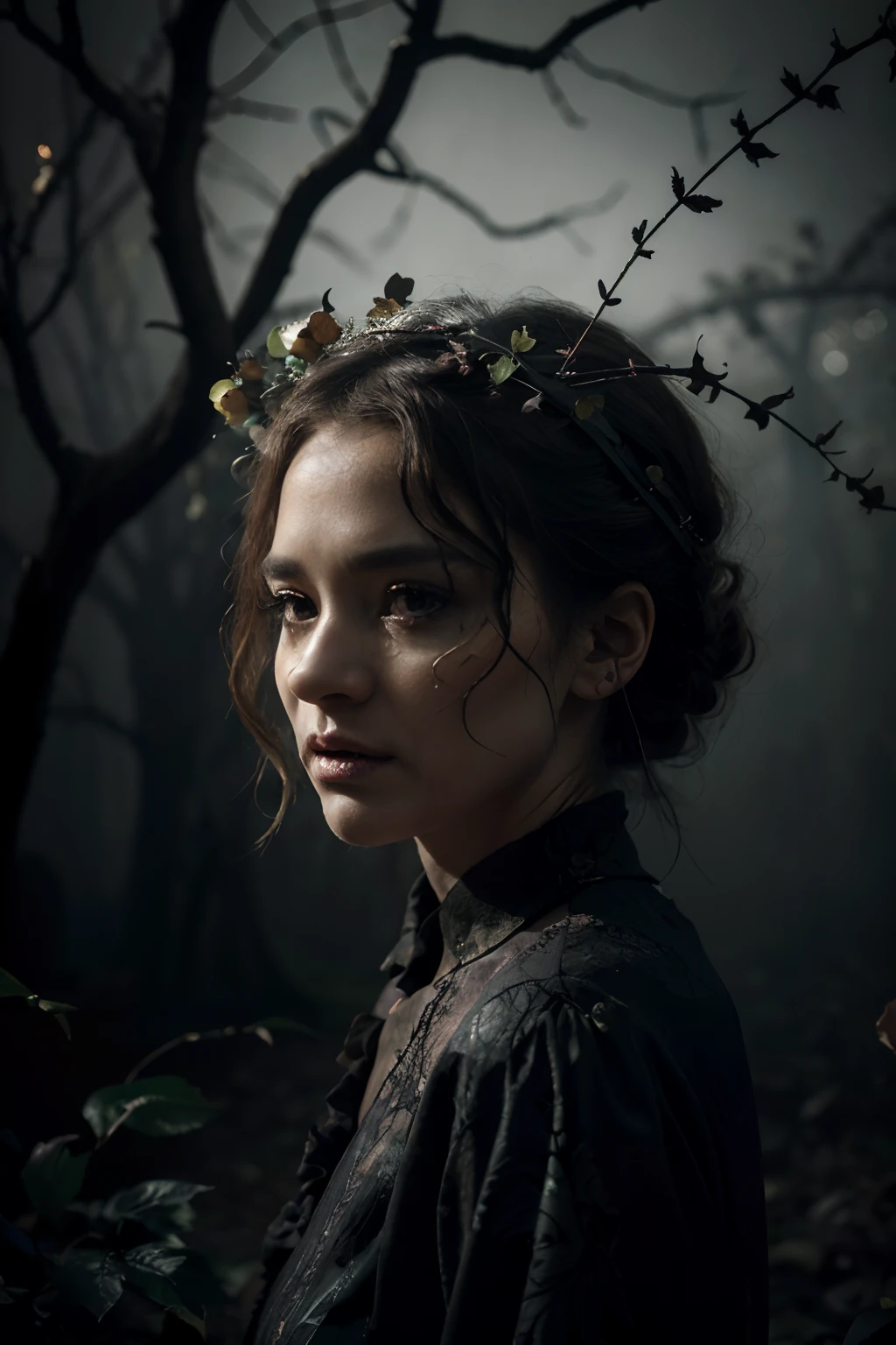 (best quality,4k,8k,highres,masterpiece:1.2),ultra-detailed,(realistic,photorealistic,photo-realistic:1.37),twigs with leaves and disturbing flowers emerge from a head, a bud emerges from an eye,haunting halloween background,foreboding atmosphere,dark and eerie lighting,macabre art style,ominous color tones,expertly crafted details,organic textures,spooky and surreal ambiance,twisted and tangled branches,meticulously painted petals,eye-catching contrast between light and shadow,unsettling yet captivating imagery,striking composition,evoking a sense of mystery and unease,impressive level of realism,hauntingly beautiful visuals,surreal and nightmarish elements,imagination running wild,unsettling beauty