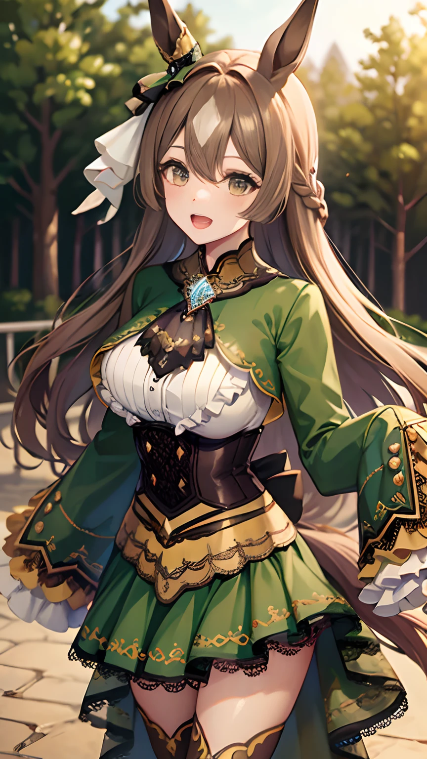 masterpiece, best quality, highres, aasato, long hair, half updo, braid, hair between eyes, animal ears, ear ornament, horse tail, breasts, frills, black ascot, green dress, (sleeves past wrists:1.2), black thighhighs, cowboy shot, standing, outdoors, smile, open mouth