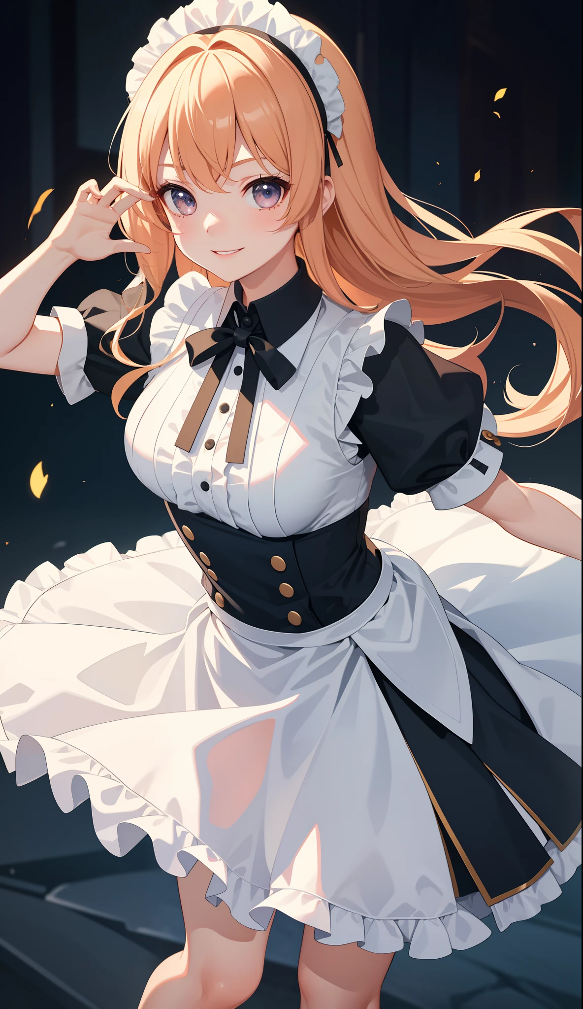 1girl in、AS-Adult、A smile、The shirt、skirt by the、(small tits)、doress、pinafore、Hair decoration、(Maid costume)、Walking with a thigh、Upper body portrait、movement、