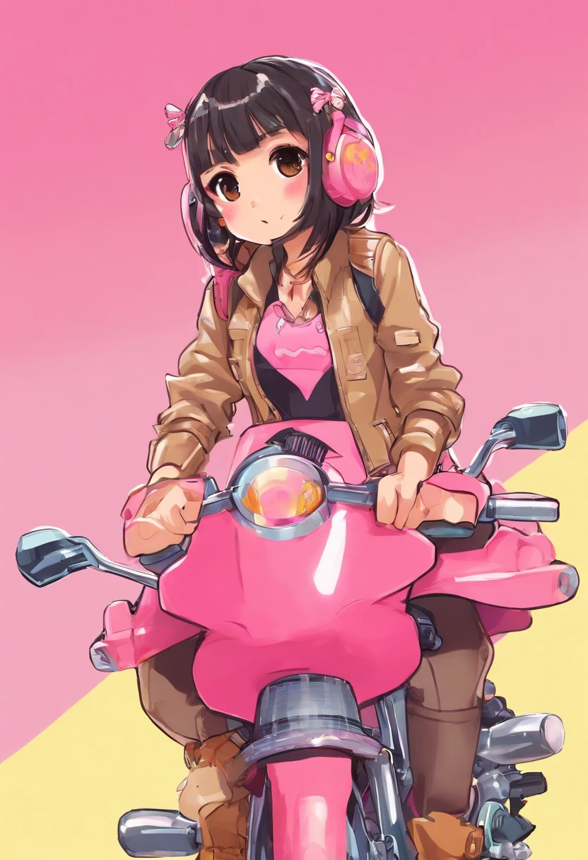Biker girl, tanned, black hair, pink rider suit, leopard print on the right leg only