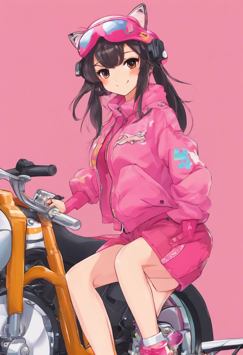 Biker girl, tanned, black hair, pink rider suit, leopard print on the right leg only