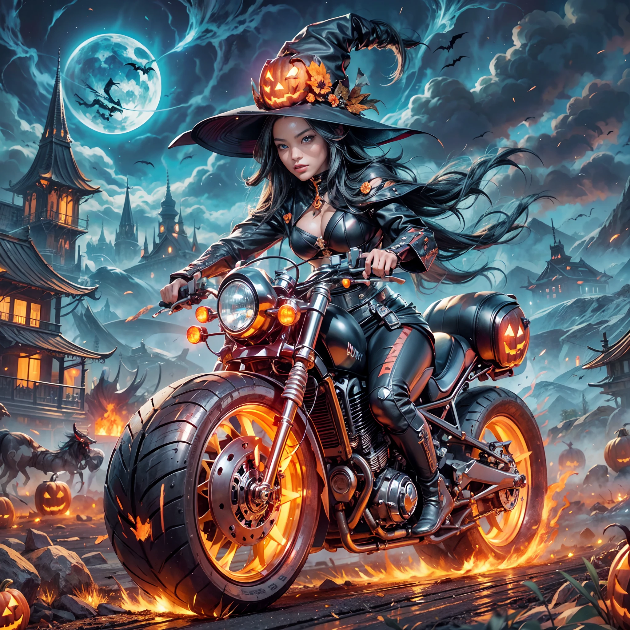 offcial art， Unity 8k壁纸， ultra - detailed， Beautiful and beautiful， tmasterpiece， best qualtiy， 1.4x realism，Halloween Dream Night，A beautiful cyborg witch motorcyclist，The witch's head wears a magical pointed hat，A burning book of magic wrapped around its body，Akirabik，Composed of fire elements，Riding his black futuristic pumpkin motorcycle，Gallop on the plains，The vehicle consists of an Akirabik E with a fire element，Ride a pumpkin motorcycle，Cyberpunk Halloween cityscape，Epic screen，(Anatomically correct and precise facial structure, Detailed facial depiction, and delicate facial features.
)