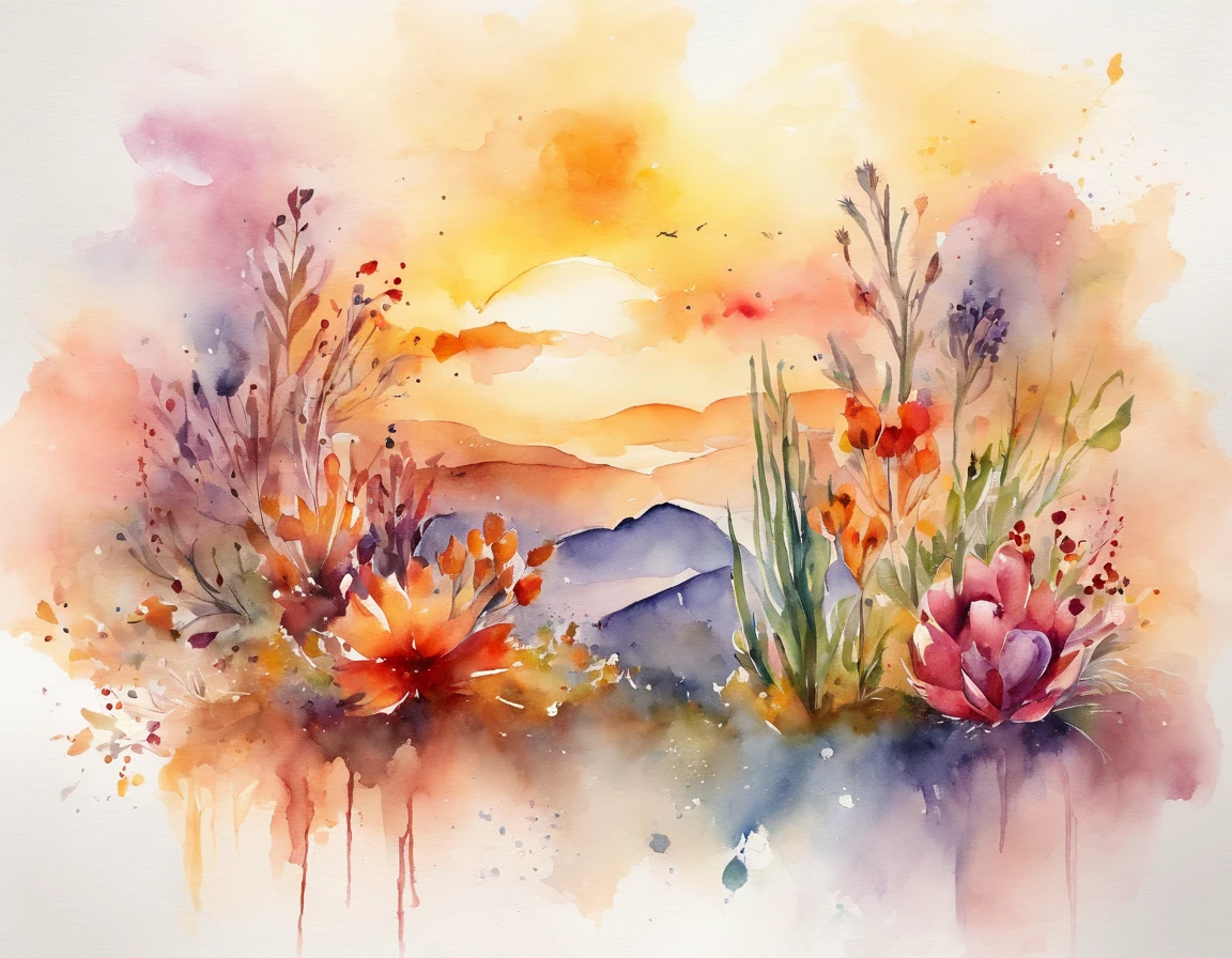 Phoenix, horizon. Sunset. Horizontal plane, crystals, Flowers and plants,Watercolor poster