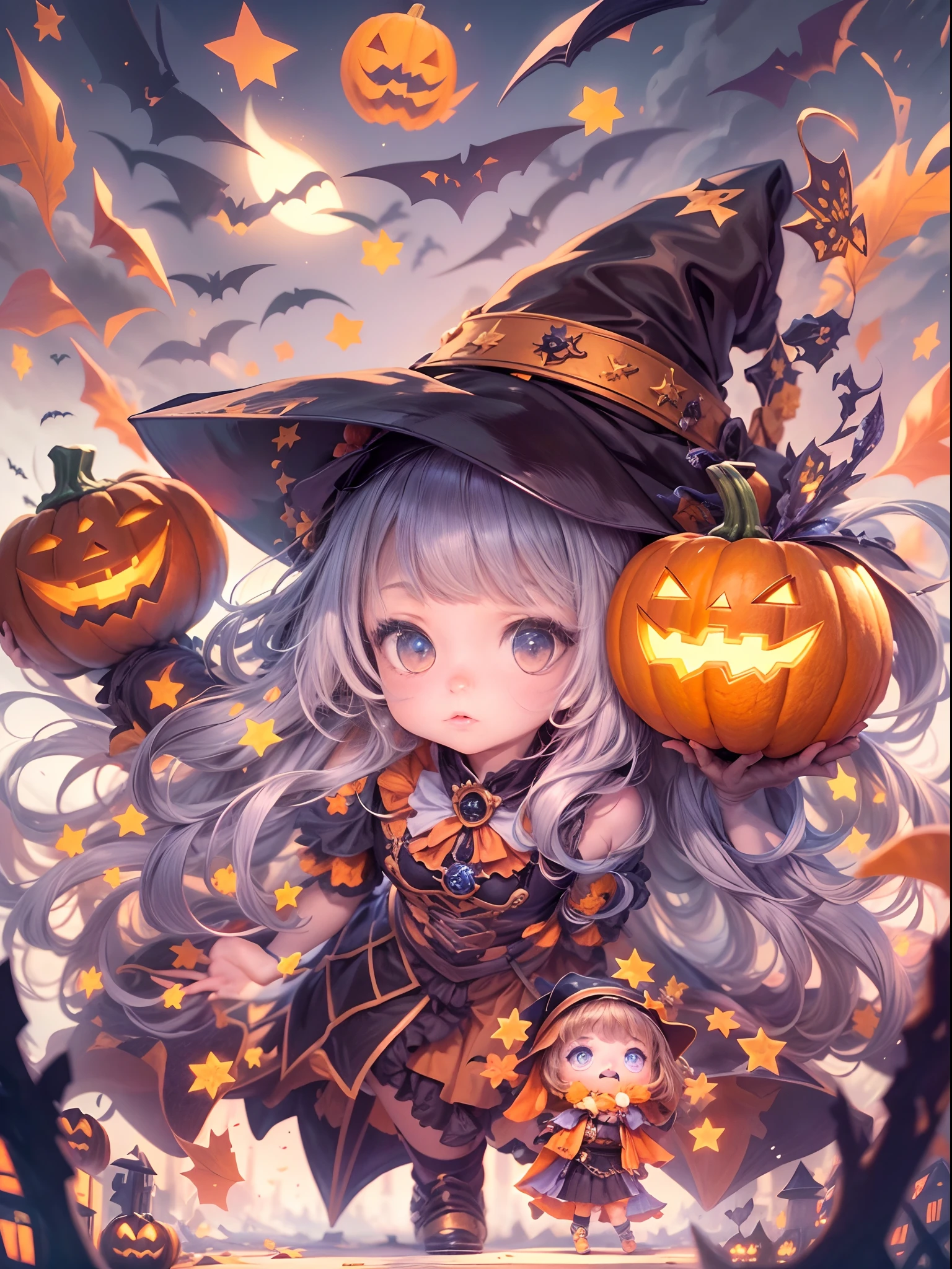 (tmasterpiece),（ultra - detailed：1.3），best qualtiy，（glittery:1.2），（Fantasy Halloween world:1.4），(Van Gogh-style Halloween: 1.5),（Remaining months），(((Delicious sweets，Cute girl wizard，Pumpkin monsters，mummy，super heroes, and other Halloween decorations))), Fantasy world, Cute cartoon design style, the night，Skysky，Zangetsu，vibrant with colors，brightly，1.4x realism，hyper HD，It is displayed in this beautiful scene，（The is very detailed，reasonable design，Clear lines，High- sharpness，tmasterpiece，offcial art，movie light effect，8K）, DruidMagicAI, m0nstrcrz