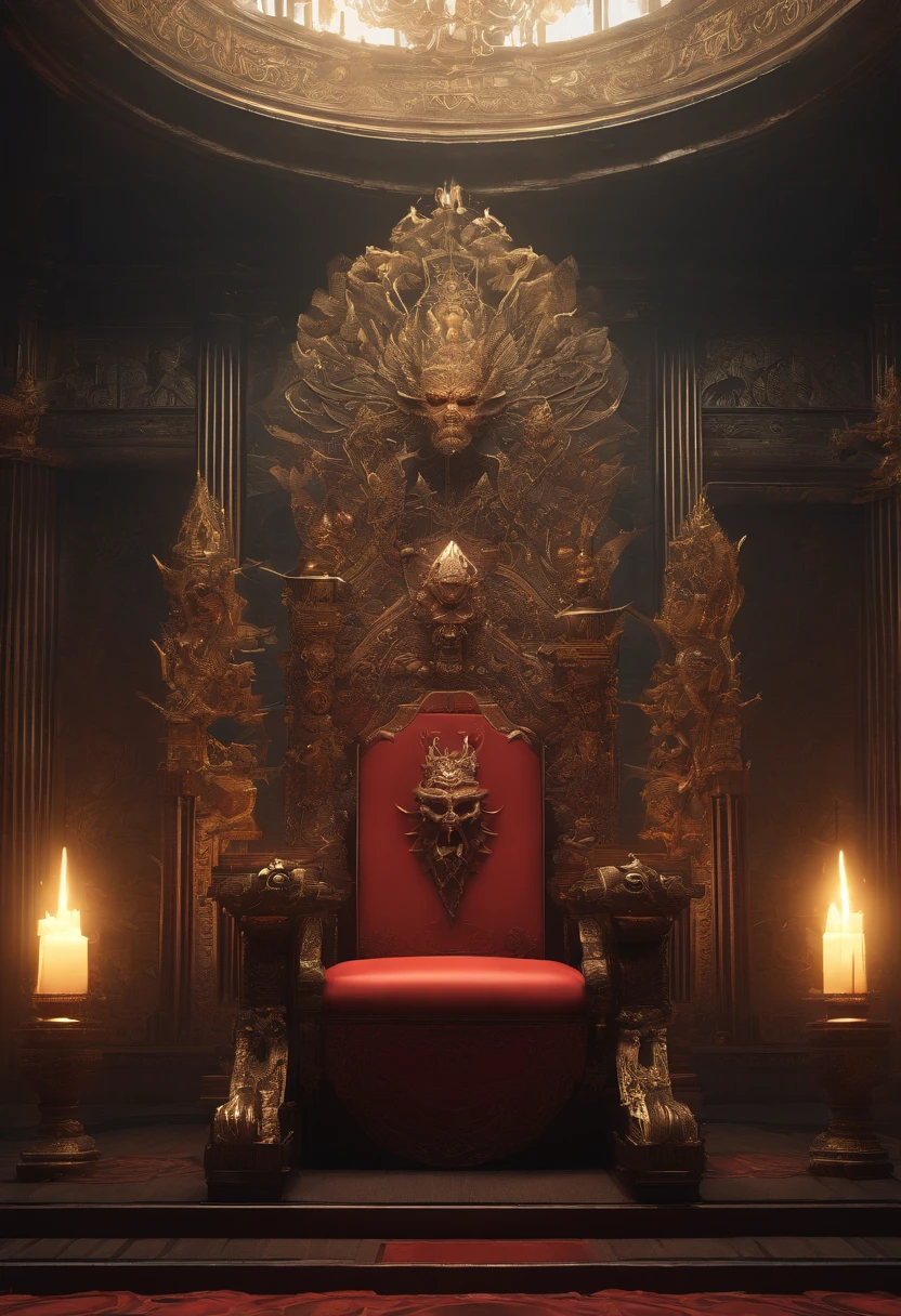 In a dimly lit chamber, a dark cool demon sits upon a grand throne. The demon's presence exudes an aura of mystery and power, as shadows dance around the room. The demon's chilling gaze pierces through the darkness, while a sly smile plays upon its lips. Clad in intricate, ethereal robes, the demon's regal stature commands attention. The throne, crafted with ornate details and adorned with sinister motifs, serves as a symbol of the demon's authority and dominance. As the demon reclines upon the seat, a sense of otherworldly wisdom emanates from its poised and confident posture. The atmosphere is filled with an eerie calmness, as if the demon's mere presence casts a spell upon all who dare to behold it.