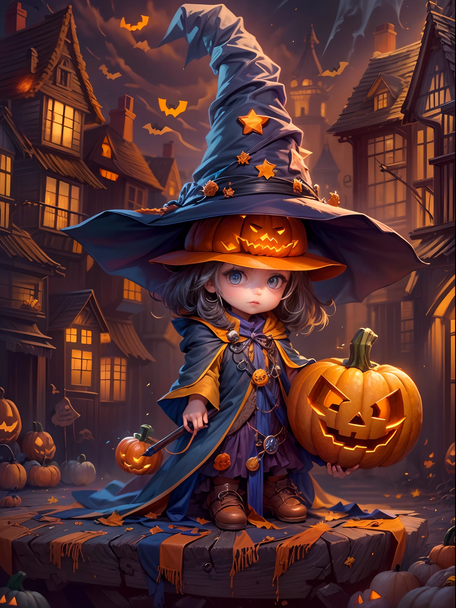 (tmasterpiece),（ultra - detailed：1.3），best qualtiy，（glittery:1.2），（Fantasy Halloween world:1.4），(Van Gogh-style Halloween: 1.5),（Remaining months），(((Delicious sweets，Cute girl wizard，Pumpkin monsters，mummy，super heroes, and other Halloween decorations))), Fantasy world, Cute cartoon design style, the night，Skysky，Zangetsu，vibrant with colors，brightly，1.4x realism，hyper HD，It is displayed in this beautiful scene，（The is very detailed，reasonable design，Clear lines，High- sharpness，tmasterpiece，offcial art，movie light effect，8K）, DruidMagicAI, m0nstrcrz