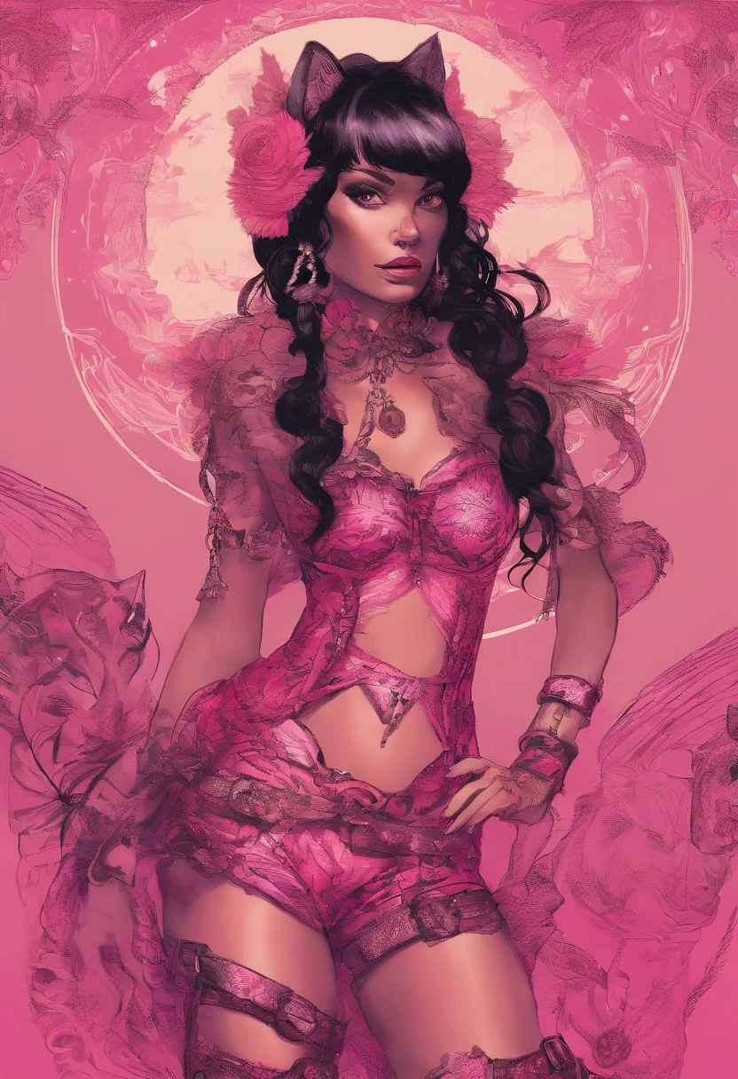 Biker girl, tanned, black hair, pink rider suit, leopard print on the right leg only