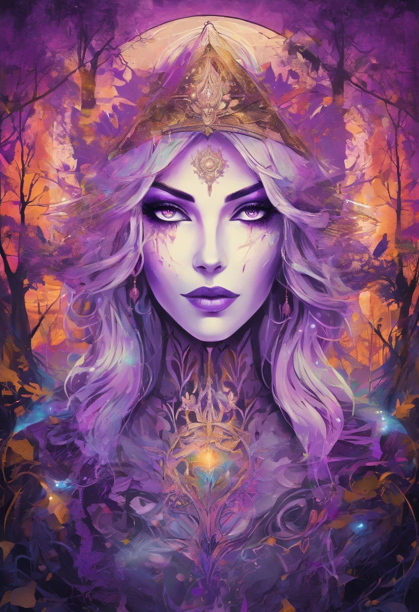 female with glowing purple eyes, blonde hair, witch, goddess, casting glowing spells, in mystical fantasy woods, evil smirk