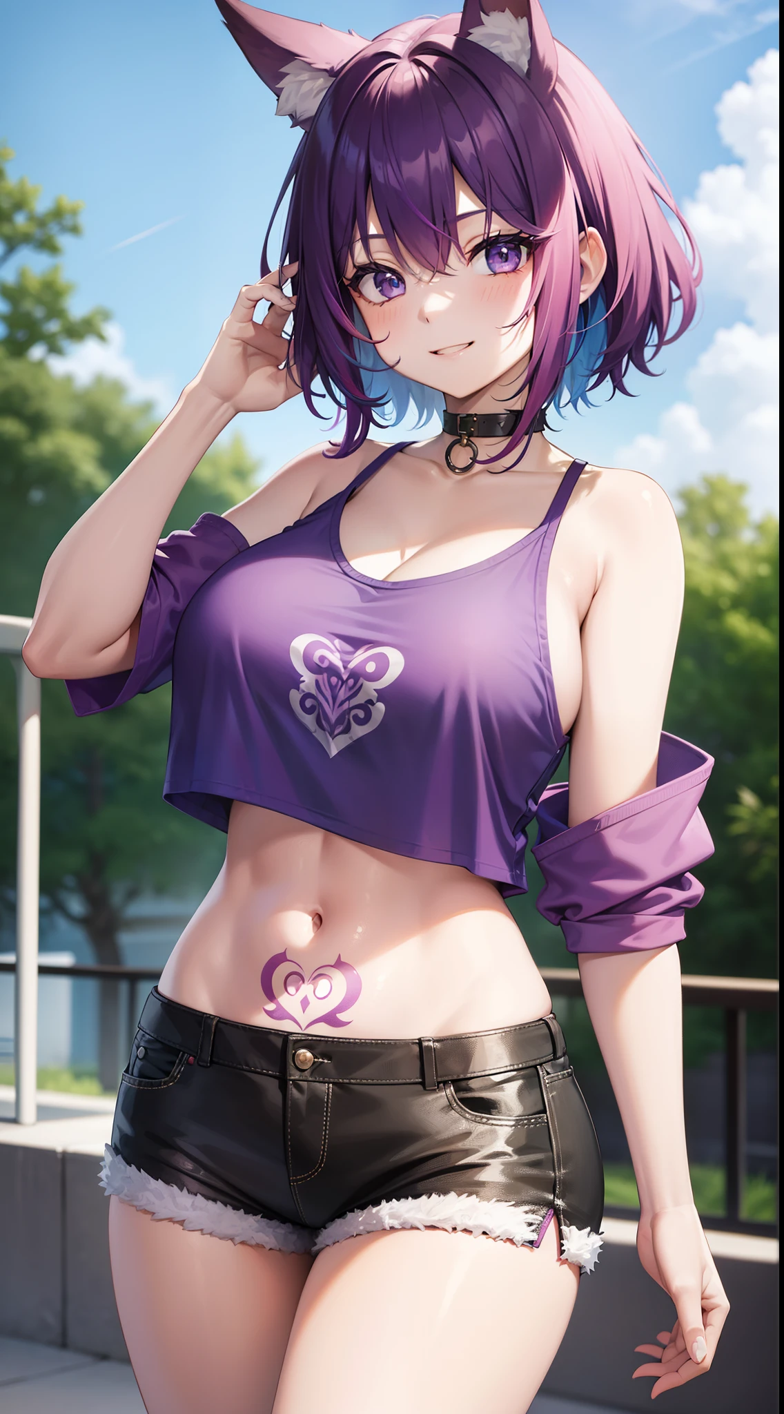 young girl, multi-colored hair, Short purple hair with yellow tips, Fox ears, blue eyes, Smile, open belly, Purple T-shirt, Huge-breasts, red tattoos, Shorts, Masterpiece, hiquality, 4k, HD, Good detail