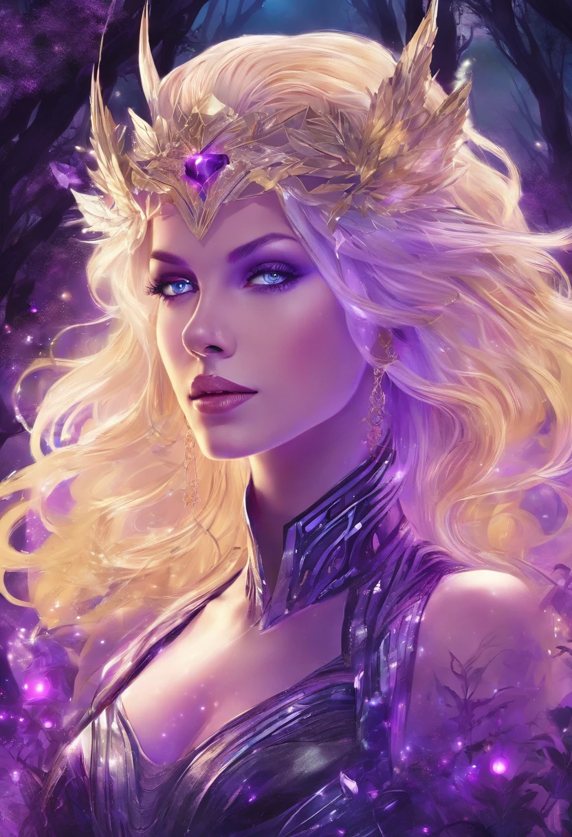 female with glowing purple eyes, blonde hair, witch, goddess, casting glowing spells, in mystical fantasy woods, evil smirk