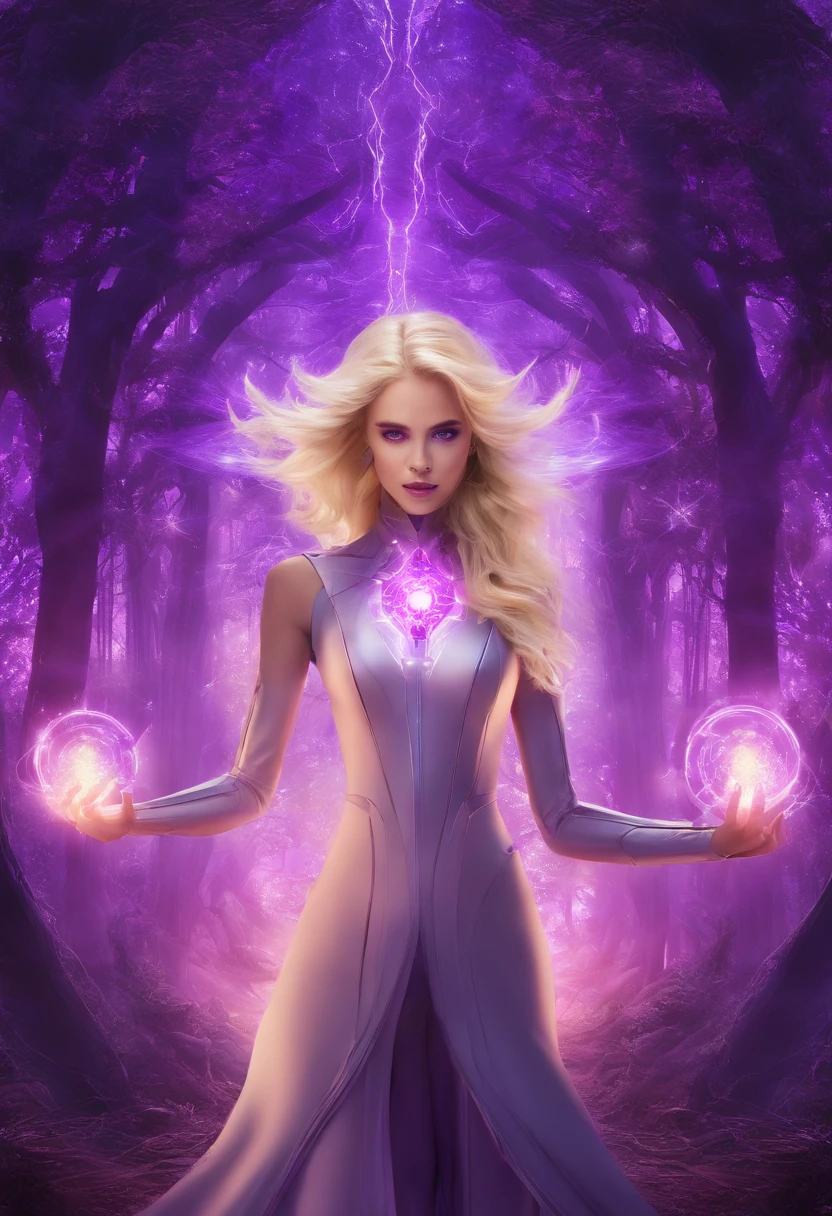female with glowing purple eyes, blonde hair, witch, goddess, casting glowing spells, in mystical fantasy woods, evil smirk