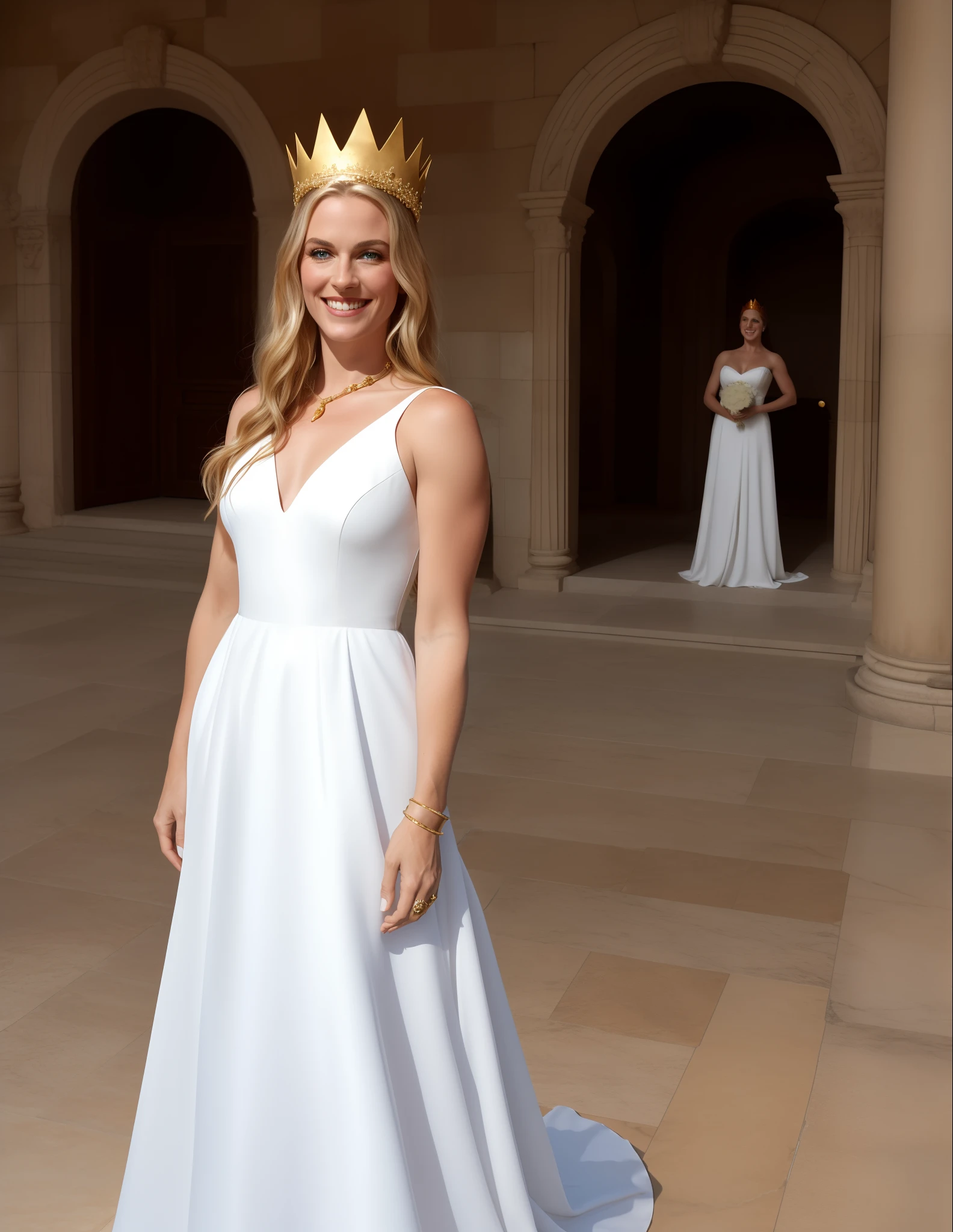 Megara, wife of Hercules, is wearing a white gown and a golden crown. She has long, blonde hair, and blue eyes. She is standing in front of her palace, smiling at her guests.