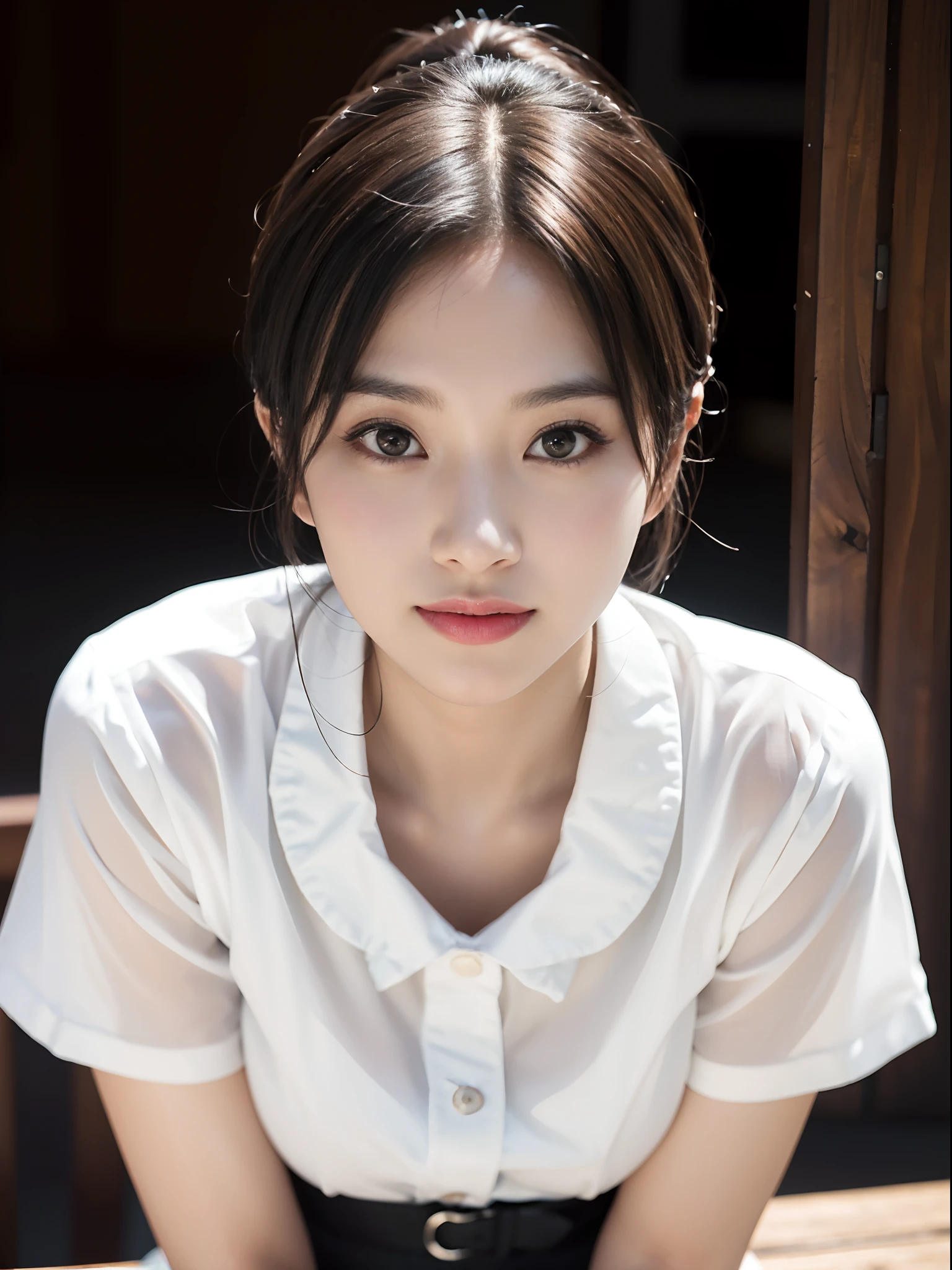 Woman with beautiful face、Shirt with white collar、up of face、bending forward、Photorealsitic、Outstanding smile、(in 8K) ,Detailed skin、Detailed hair strands、 ​master piece, (No retouching, Lip gloss, False eyelashes, Real Skin, of the highest quality, 超A high resolution, depth of fields, chromatic abberation, Caustics, Wide Lighting, Natural Shading))Korean Idols、Live action、Sauce order、Japanese Models, Shot with Canon EOA 6 D Mark II, taken with canon eos 5 d mark iv, Young Gravure Idol,