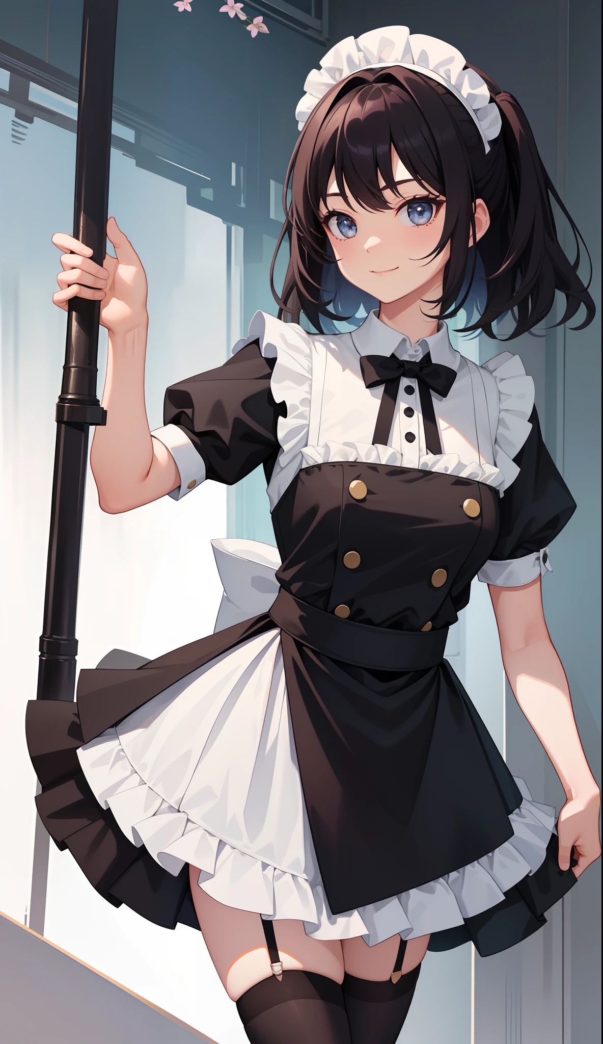 1girl in、AS-Adult、A smile、The shirt、skirt by the、(small tits)、doress、pinafore、Hair decoration、(Maid costume)、Walking with a thigh、Upper body portrait、movement、