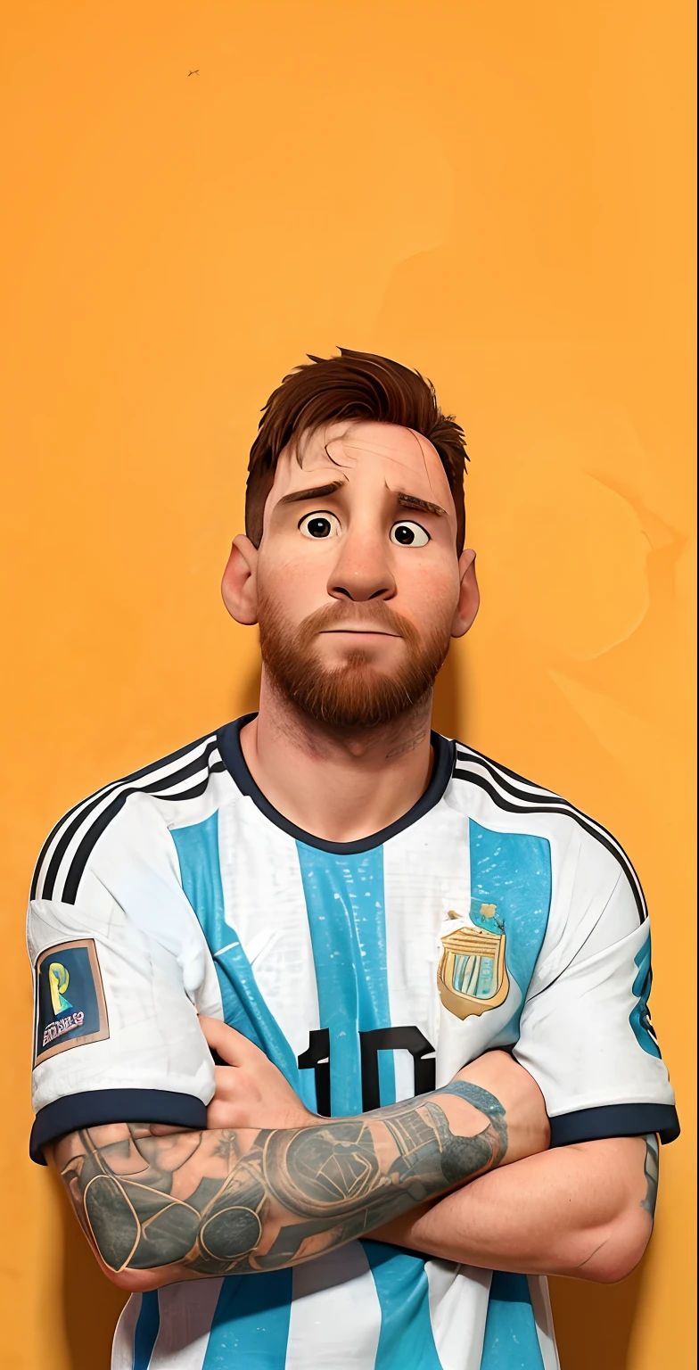 Lionel Messi estilo Pixar, usando a camisa da Argentina, with arms crossed, tattoos on the right arm