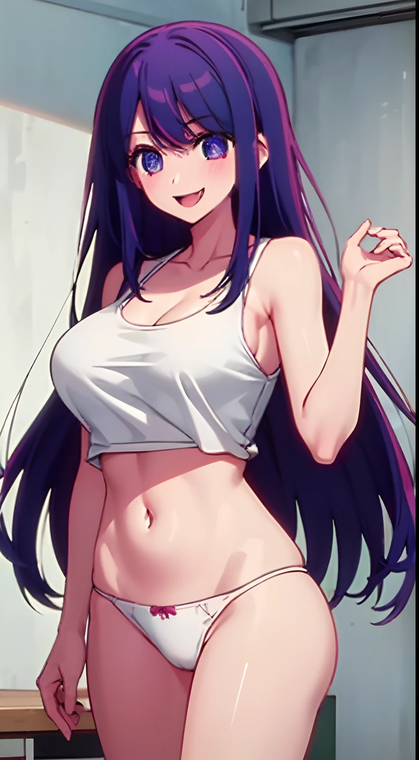 1 girl, long hair, big breasts, sexy body, smiling and blushing, wearing a tank top that shows her stomach, wearing panties