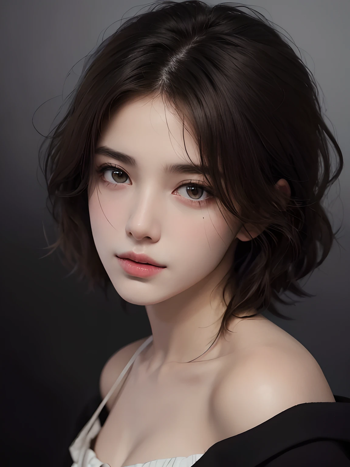 Best quality, masterpiece, ultra high res, (photorealistic:1.5), raw photo, 1girl, offshoulder, in the dark, deep shadow, low key, cold light, sexy look, short hair