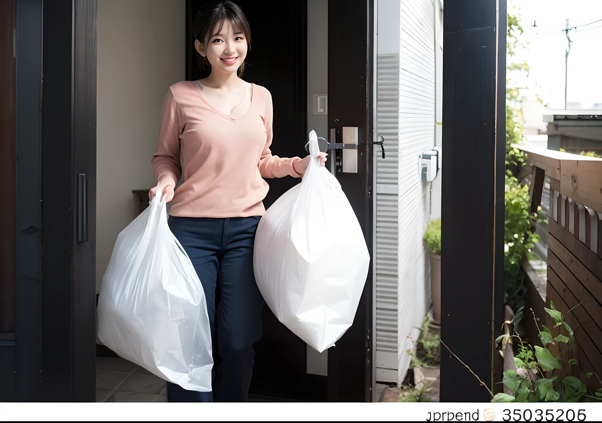 ((Beautiful woman holding a bag of garbage, The biggest smile staring at the camera,Natural soft lighting,Beautiful skin,Young face)),((Japan Beauty 1,35-year-old beauty,The face of Japan's cutest idol)),(Camera gaze,Biggest smile、beautiful hairl,V-neck trainers and trousers with apron,Wearing a apron,Colossal tits,Chest that seems to burst,emphasizing breasts),(View here,It's the perfect camera gaze,Clean teeth,face perfect,White teeth,perfect teeth,8K、hightquality、best qualtiy,tmasterpiece,hight resolution,At 8K,Ulutra HD,softlighting,,hightquality, hight resolution),soami, product introduction photos, At home, vibrant detail, domestic,Brilliant, Araffe woman holding two bags of food in front of the door, wearing a plastic garbage bag, Garbage Plastic, 3 0 years old woman, 30 year old female, advertisement picture