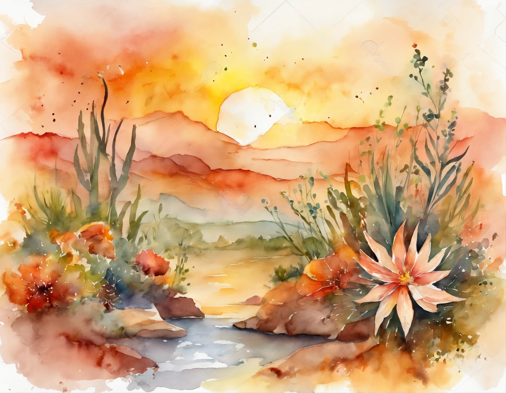 Phoenix, horizon. Sunset. Horizontal plane, crystals, Flowers and plants,Watercolor poster