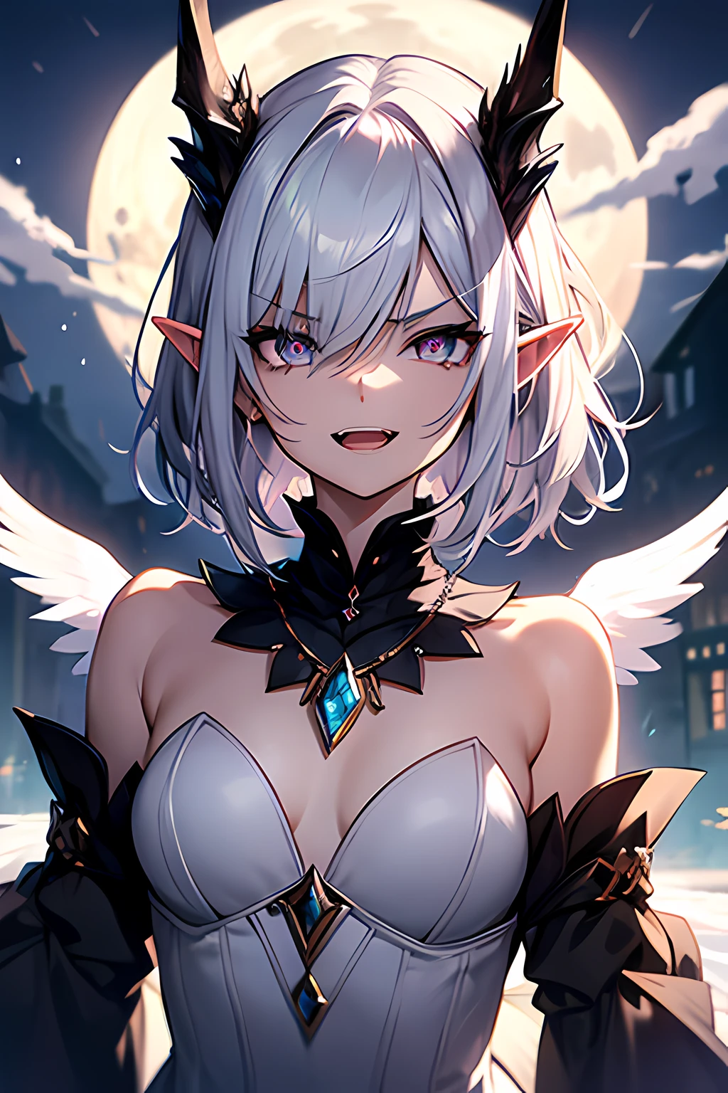 woman, Highly detailed, elf ears, very short hair, white hair, asymmetrical hair, wavy hair, ornate dress, pale lavender eyes, bright glowing eyes, fangs, dragon eyes, feathered hair, blue gem necklace, slender, angel wings, small-medium chest, dragon horns, masterpiece, under the moon, crazy, unhinged face, menacing face, evil laugh, eyes wide open