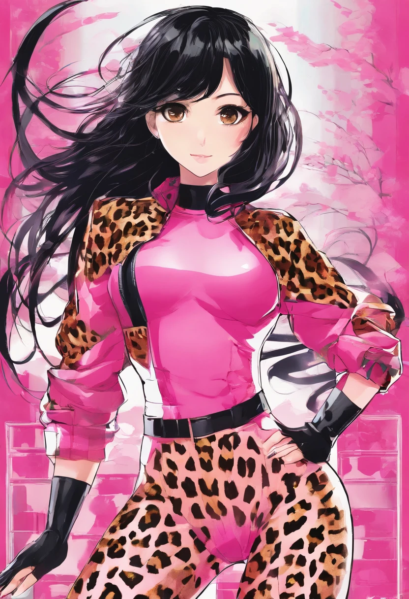 south american girl, Black hair, pink rider suit, leopard print tights