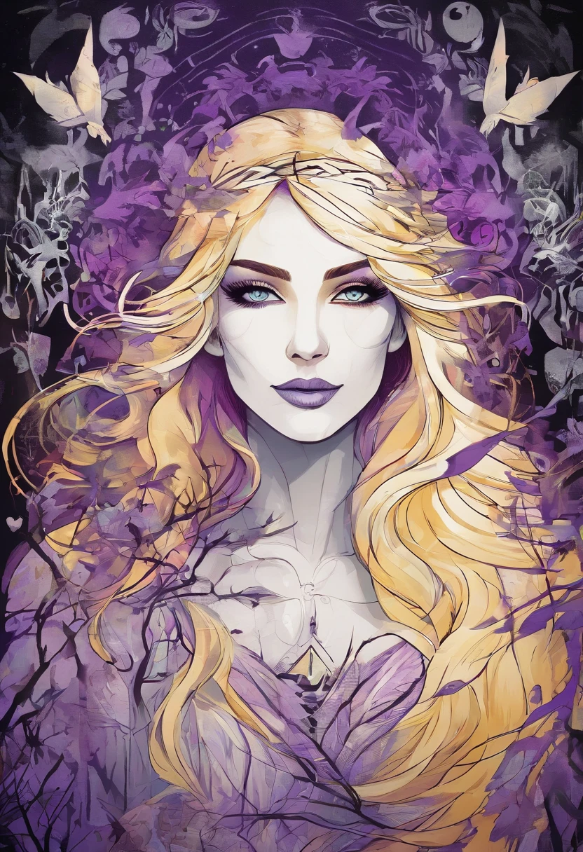 female with glowing purple eyes, blonde hair, witch, goddess, casting glowing spells, in mystical fantasy woods, evil smirk