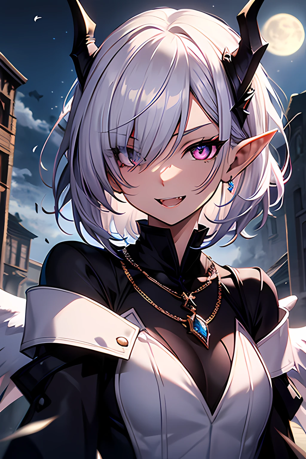 woman, Highly detailed, elf ears, very short hair, white hair, asymmetrical hair, wavy hair, ornate dress, lavender eyes, bright glowing eyes, fangs, dragon eyes, feathered hair, blue gem necklace, slender, angel wings, small-medium chest, dragon horns, masterpiece, under the moon, crazy, unhinged face, menacing face, evil laugh, eyes wide open, evil magic