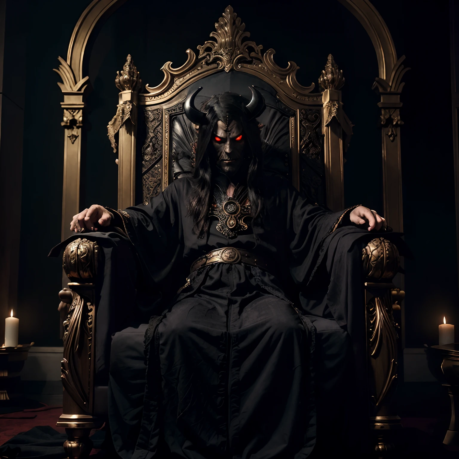 In a dimly lit chamber, a dark cool handsome demon sits upon a grand throne. The demon's presence exudes an aura of mystery and power, as shadows dance around the room. The demon's chilling gaze pierces through the darkness, while a sly smile plays upon its lips. Clad in intricate, ethereal robes, the demon's regal stature commands attention. The throne, crafted with ornate details and adorned with sinister motifs, serves as a symbol of the demon's authority and dominance. As the demon reclines upon the seat, a sense of otherworldly wisdom emanates from its poised and confident posture. The atmosphere is filled with an eerie calmness, as if the demon's mere presence casts a spell upon all who dare to behold it.