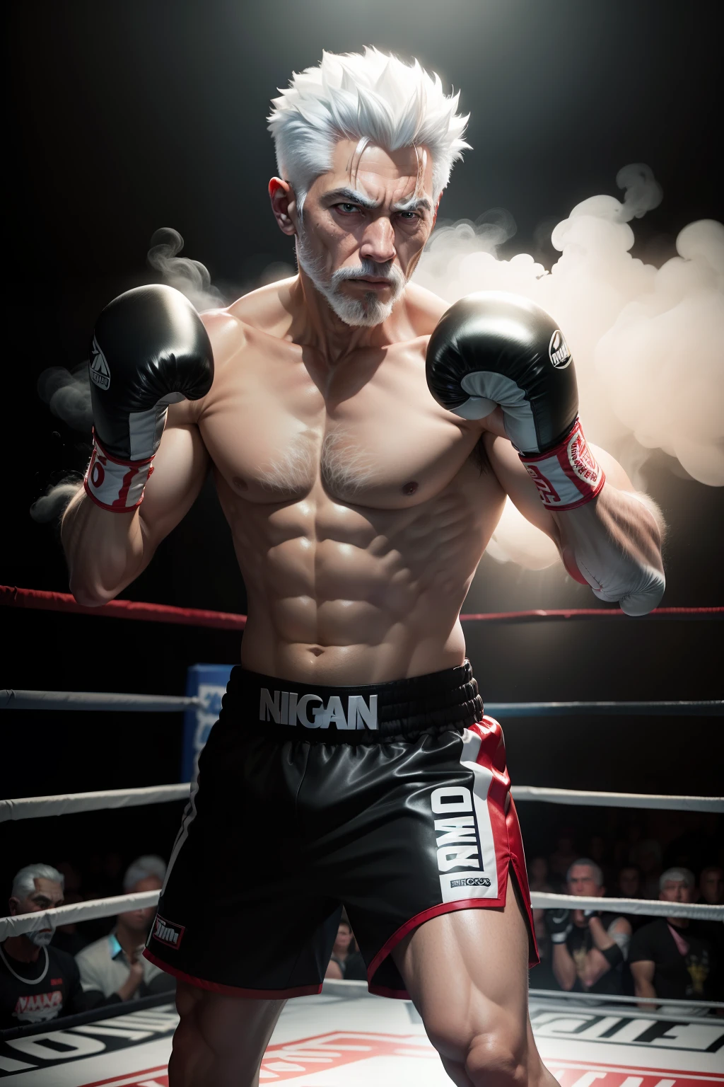 Ganjar Pranowo, 50 th, white hair,very realistic, lifelike textures, dramatic lighting, Nikon RAW photos, 8k, Fujifilm wearing clothes, standing, (boxing gloves:1), (boxing ring), hitam boxing clothing, dramatic and action effects, smoke effects, dramatic lighting,
