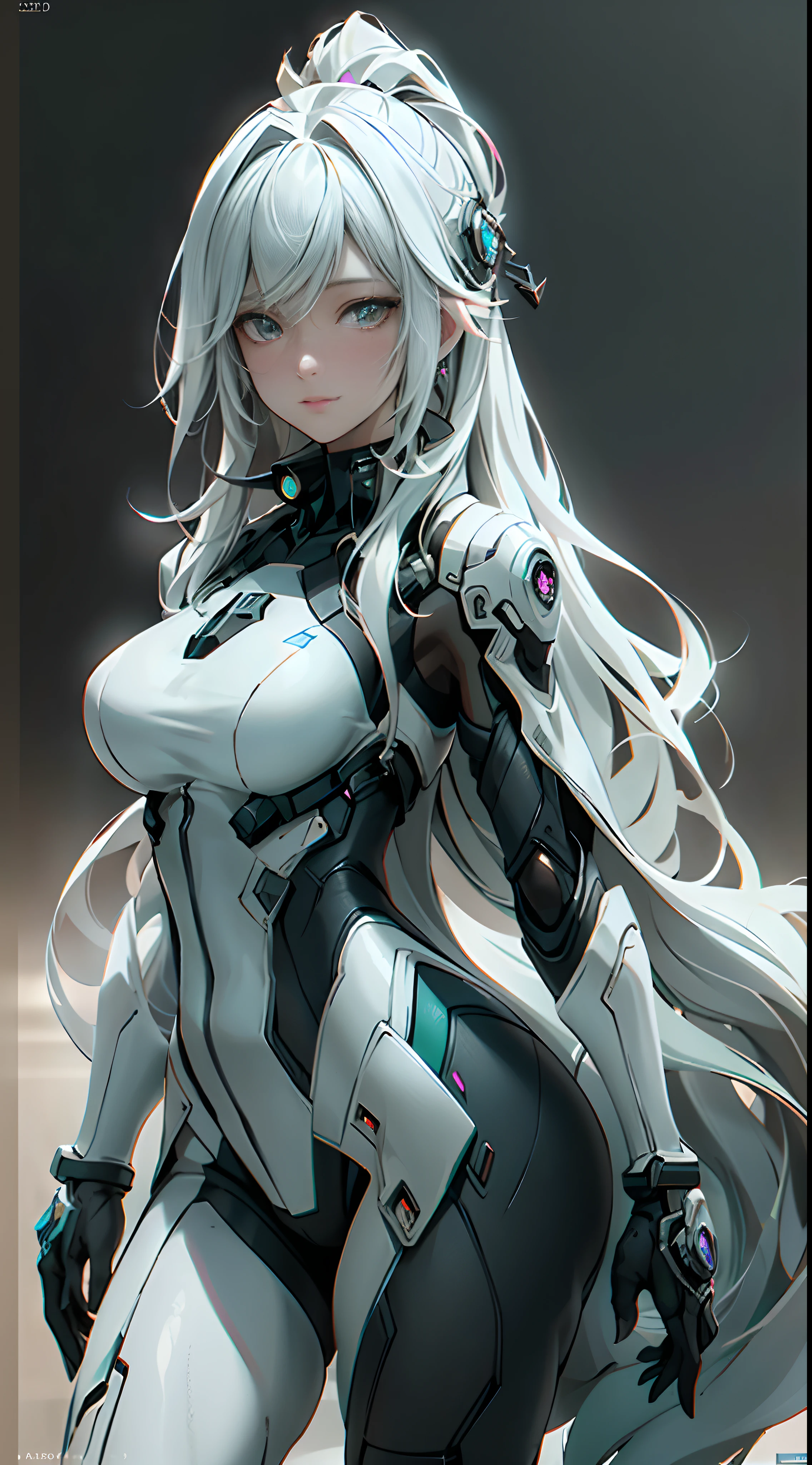 ((Best Quality)), ((masutepiece)), (Detailed: 1.4), (Absurd), Female fighter pilots ready for war, Dark skin, flash dc comics, lightning and lightning, muscular sculptural body defined, Full body, half-thick naked thighs, Closed mouth, muscular body covered in technological clothing, Neon Genesis Evangelion style, Cyberpunk, generous neckline, ((perfect medium breasts)), (Super light blue eyes without pupils),  ((White and dark red clothes)), (((gray hair in braids))), long eyelashes heavy makeup, by mucha, niji --V5, close to real, psychopath, Crazy face, Sexy Pose, Genesis Evangelion neon style robot giant head background, 2 pieces clothing, Airplane winged shoulder pads, pastel, Centered, scale to fit the dimensions, nffsw (High dynamic range), Ray tracing,NVIDIA RTX,Hyper-Resolution,Unreal 5,Subsurface Dispersion, PBR Texture, Post-processing, Anisotropy Filtering, depth of fields, Maximum clarity and sharpness, Multilayer textures, Albedo and specular maps, Surface Shading, accurate simulation of light and material interactions, Perfect proportions, Octane Render, Two-tone lighting, Wide aperture, Low ISO, White Balance, thirds rule, in 8K, Crysisnanosuit,Blue eyes