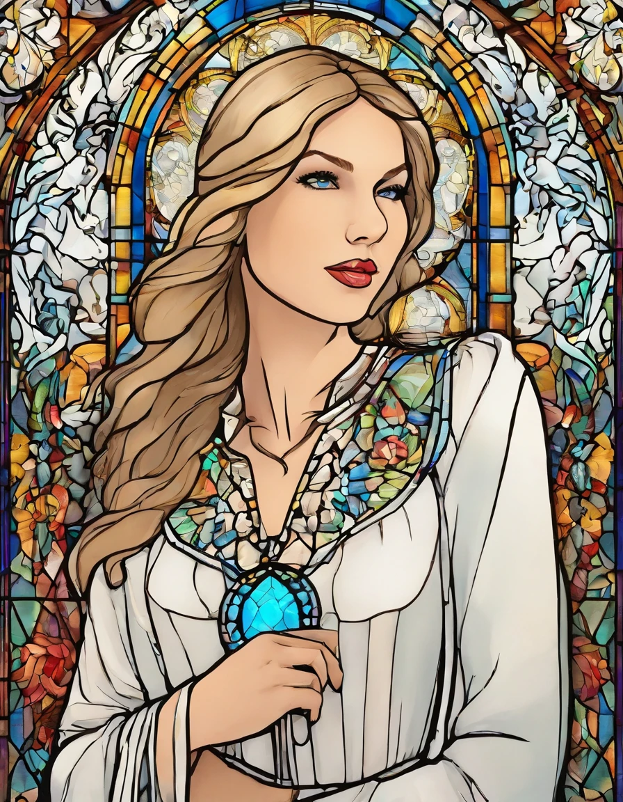 1 menina, Taylor Swift, 18 anos, alto, low water, louro, majo, cabelo loiro liso, cabelo com franja, olhos azuis. White dress with blue command as of Our Lady of Grace. wearing prescription glasses.