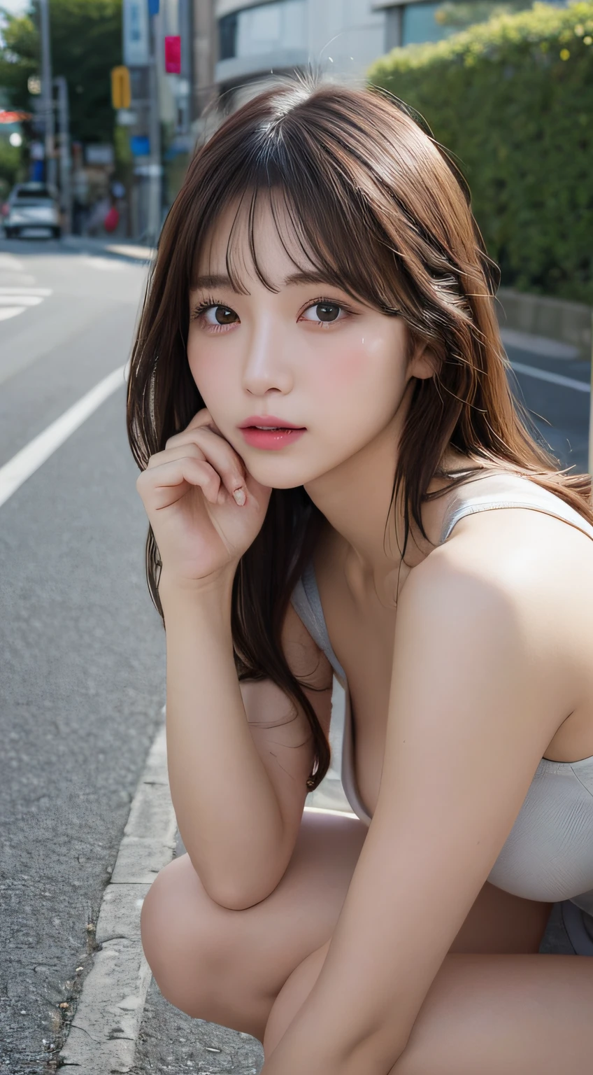 finely detail, hight resolution, hightquality、Perfect dynamic composition, Beautiful detailed eyes, Medium Hair, small tits、Natural Color Lip,Kamimei、Shibuya、20 years girl、1 persons、Transparent skin、Glowing hair、masutepiece, Best Quality, Illustration, Ultra-detailed, finely detail, hight resolution, 8K、The correct state of the human body、crouching down、Gravure Model Pose,Hair soaring in the wind