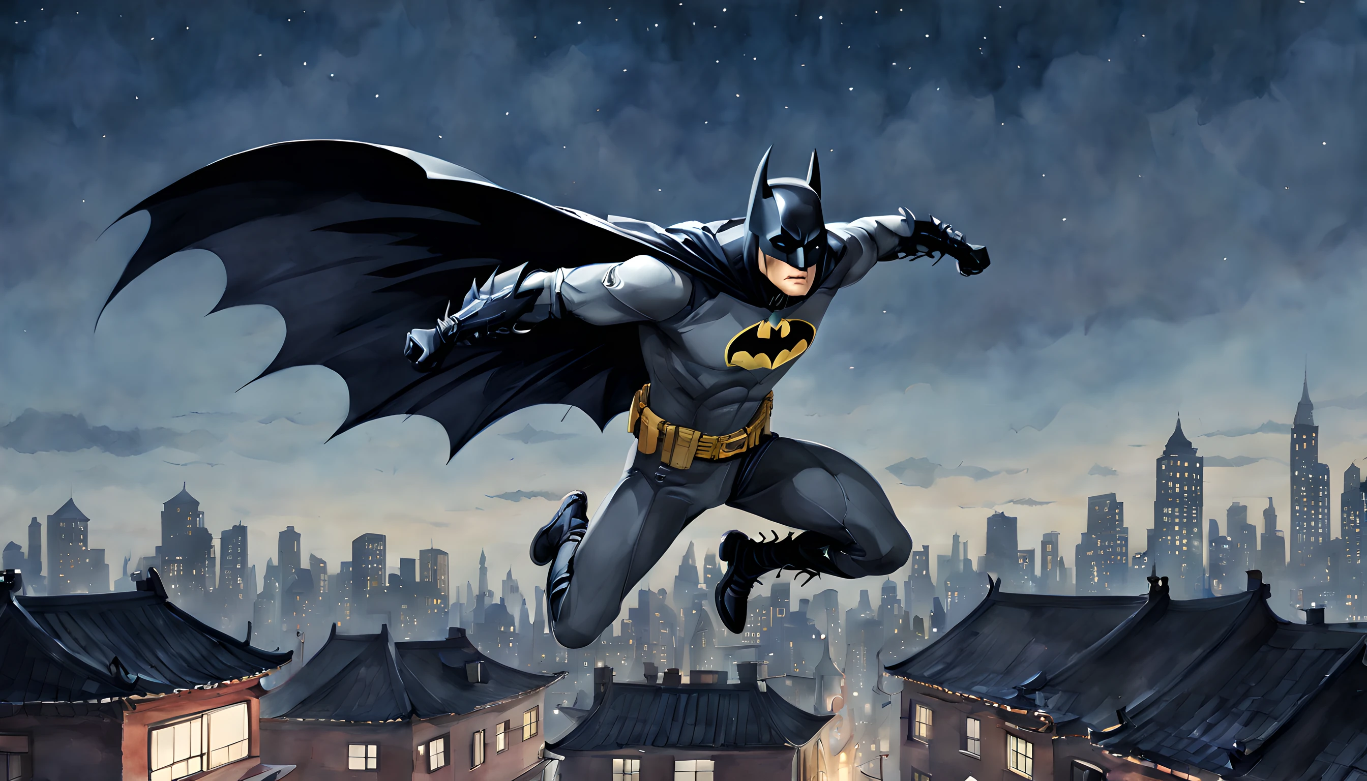 (halloween theme:1.5), (ink and watercolor painting:1.5), (batman:1.5), (Tasteful:1.5), (ink and watercolor painting:1.5), (Chinese style:1.5), (magic:1.5), (Batman:1.5), (portrait:1.5), (rooftop:1.5), (night:1.5), (midnight:1.5), (Gotham city:1.5), (jumping from roostop:1.5), (low angle:1.5), (dynamic pose:1.5), (dynamic angle:1.5), (acrobatic pose:1.5), (flying:1.5), (spread arms:1.5), (Floating cloak:1.5), (upper bodoy:1.5), (movie one scene:1.5), (Dynamism:1.5), (fall:1.5), (Jumped:1.5), (wearing a mechanical batman bodysuit:1.5),