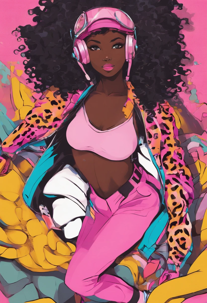 African girl, black hair, pink rider suit, leopard print tights