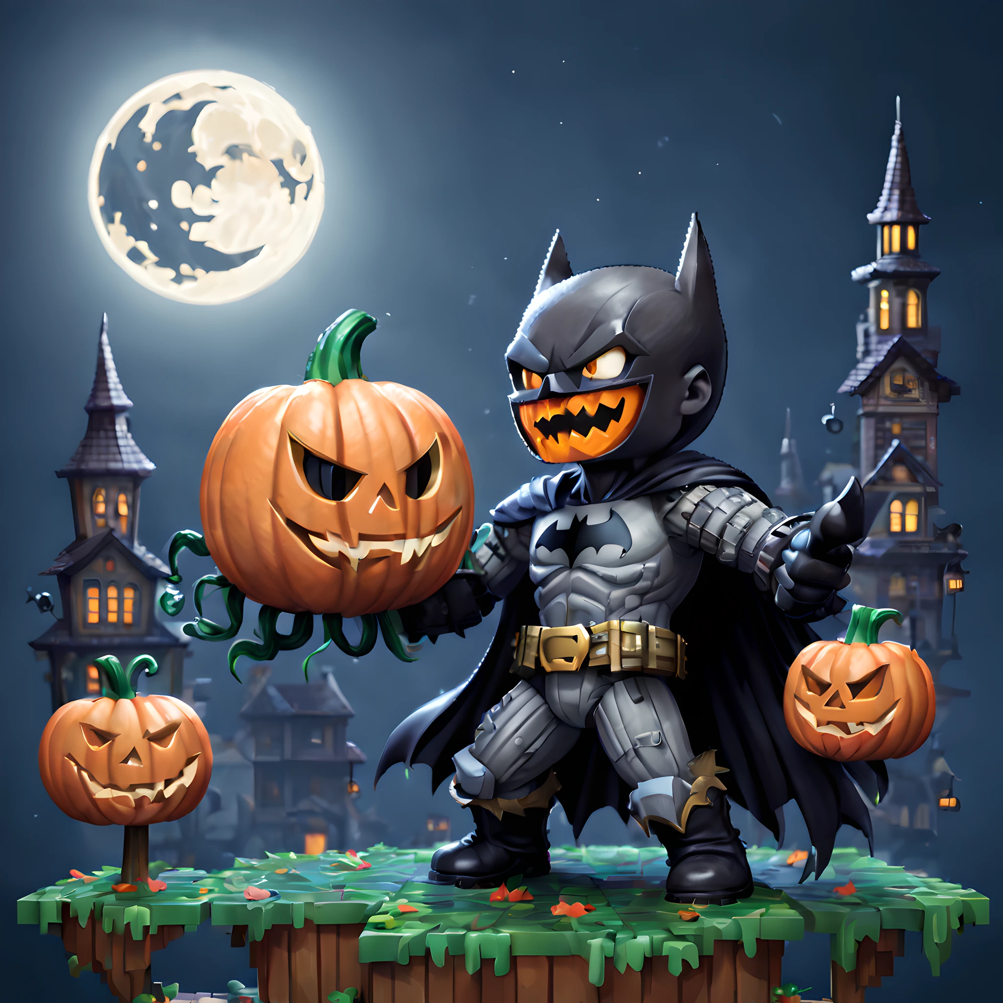 (Pixel art:1.5), (batman:1.5), (Gotham city:1.5), (Halloween:1.5), (fighting pumpkin monster:1.5), (moonlight:1.5), cute, pixel art, chibi emote, chibi character, 2D,