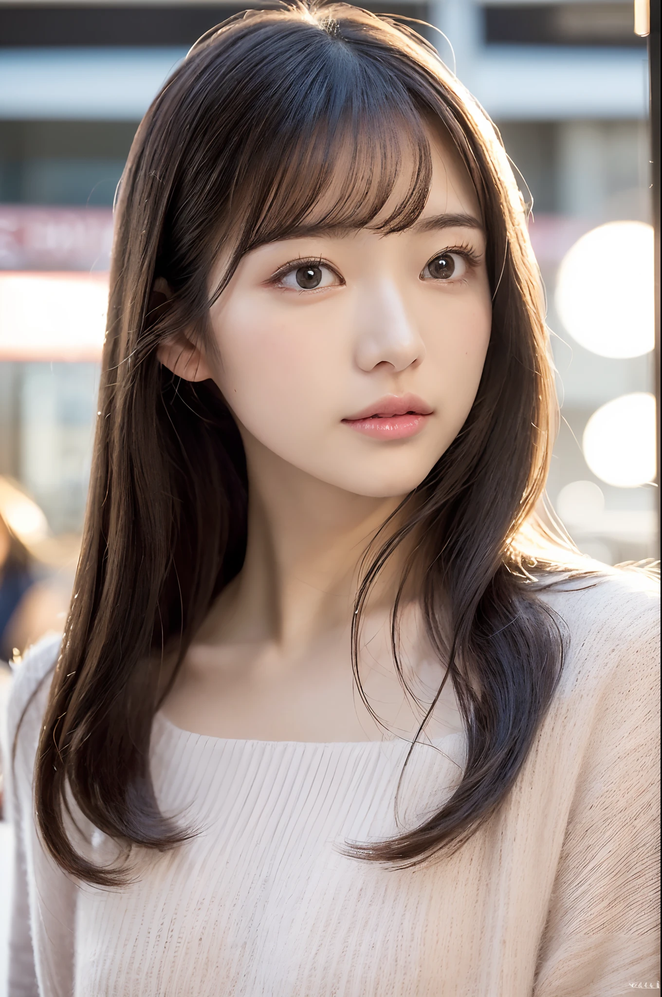 (Highest Quality,realisitic,Photorealsitic,extremely delicate and beautiful,Highly detailed,finely detail,ultra-detailliert,hight resolution:1.3),japanes, femele、(age19)、Viewer's Perspective Beautiful and shiny straight long hair Bangs are parted in the middle Embarrassed look ((Half-open lips)),(Beautiful fece:1.2) (kawaii:1.3) front facing ((Half-open lips)),Beautifully groomed hair ((The background is a very fashionable café area at sunset:1.3)),((Accurate and detailed human body:1.3)) Colossal tits ((Fashionable Trending Fashion)) fashion modell Gravure model for fashion magazine Very classy Intellectual White Cashmere Half Neck Sweater long skirt Light up the beautiful café district ((natta))