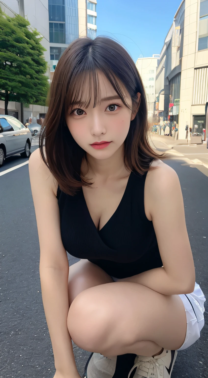 finely detail, hight resolution, hightquality、Perfect dynamic composition, Beautiful detailed eyes, Medium Hair, small tits、Natural Color Lip,Kamimei、Shibuya、20 years girl、1 persons、Transparent skin、Glowing hair、masutepiece, Best Quality, Illustration, Ultra-detailed, finely detail, hight resolution, 8K、The correct state of the human body、crouching down、Gravure Model Pose,Hair soaring in the wind