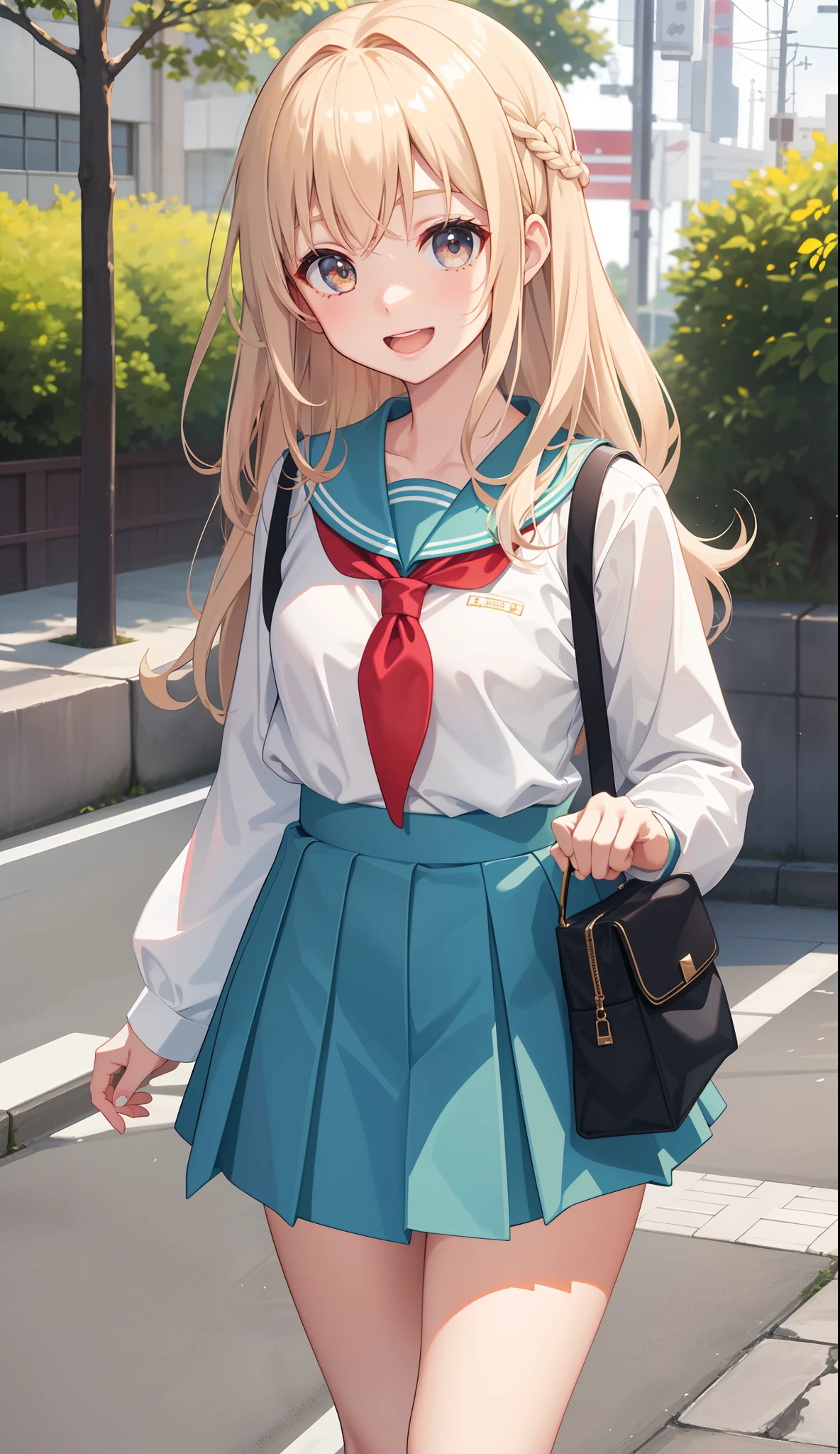 1girl in、AS-Adult、A smile、open open mouth、、be shy、The shirt、skirt by the、cream colored Hair、(small tits)Japan High School、校服、serafuku、Walking with a thigh、Upper body portrait、