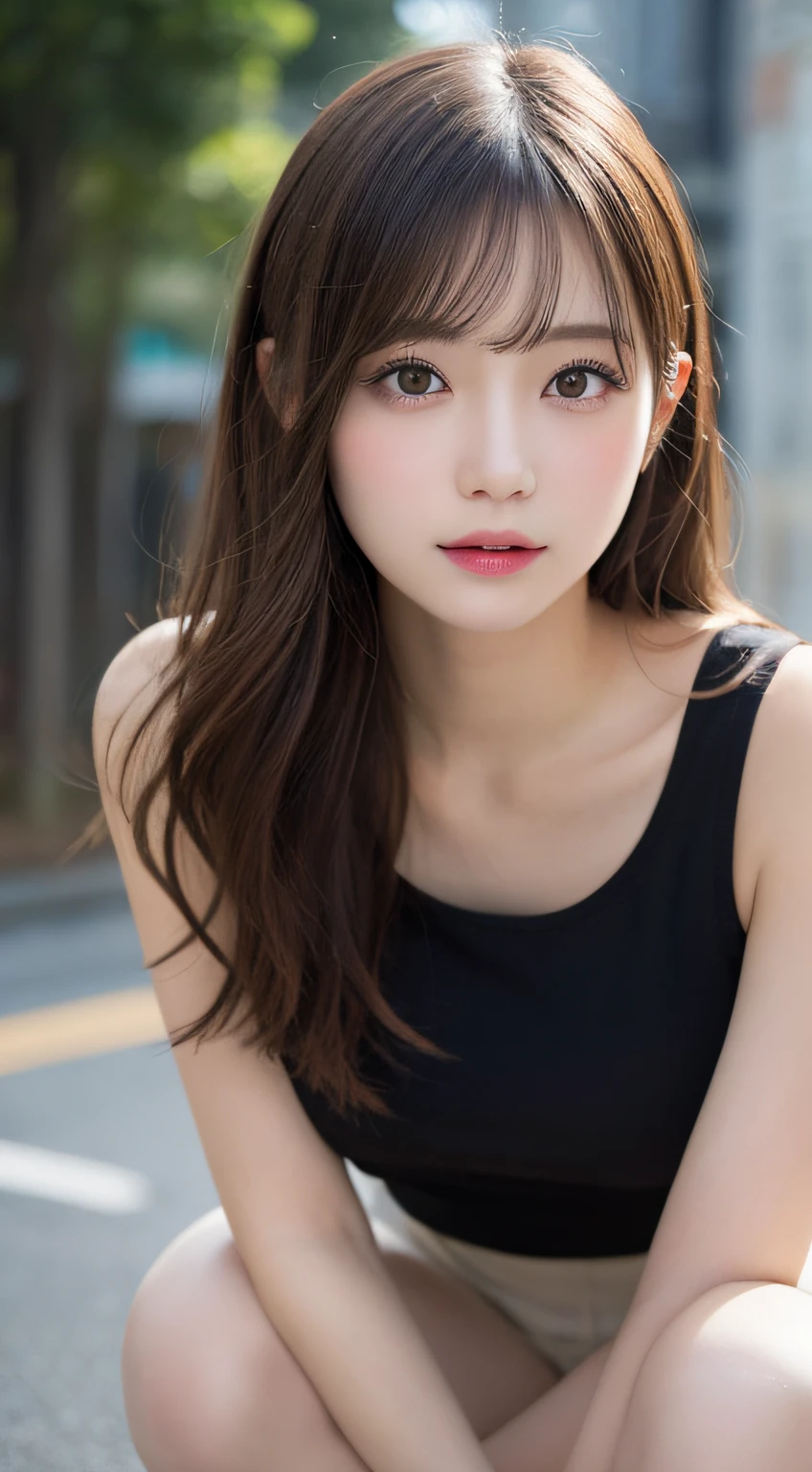 finely detail, hight resolution, hightquality、Perfect dynamic composition, Beautiful detailed eyes, Medium Hair, small tits、Natural Color Lip,Kamimei、Shibuya、20 years girl、1 persons、Transparent skin、Glowing hair、masutepiece, Best Quality, Illustration, Ultra-detailed, finely detail, hight resolution, 8K、The correct state of the human body、crouching down、Gravure Model Pose，Hair soaring in the wind