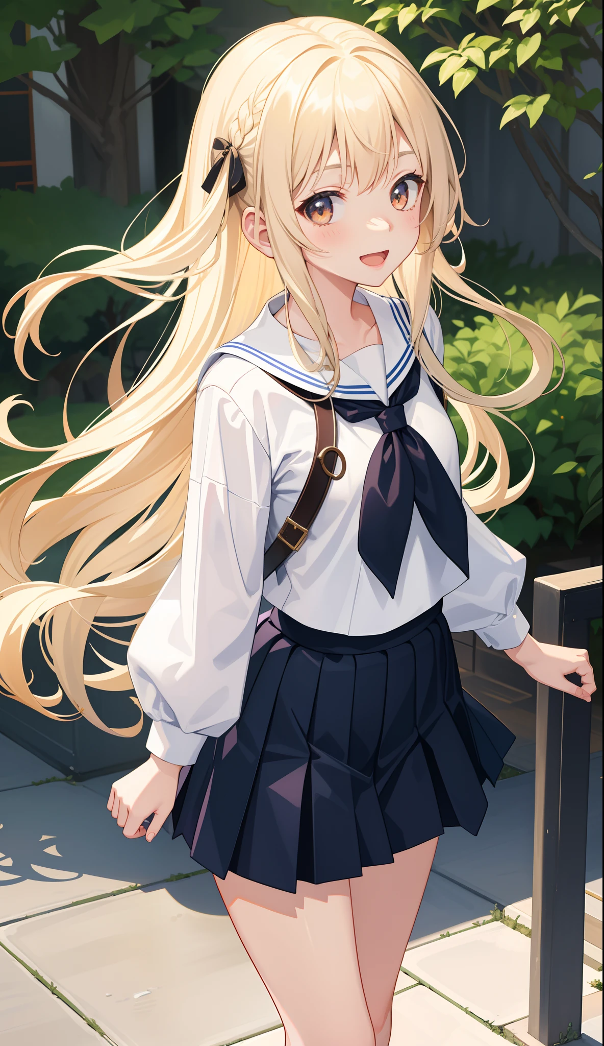 1girl in、AS-Adult、A smile、open open mouth、、be shy、The shirt、skirt by the、cream colored Hair、（small tits）Japan High School、校服、serafuku、Walking with a thigh、Upper body portrait、